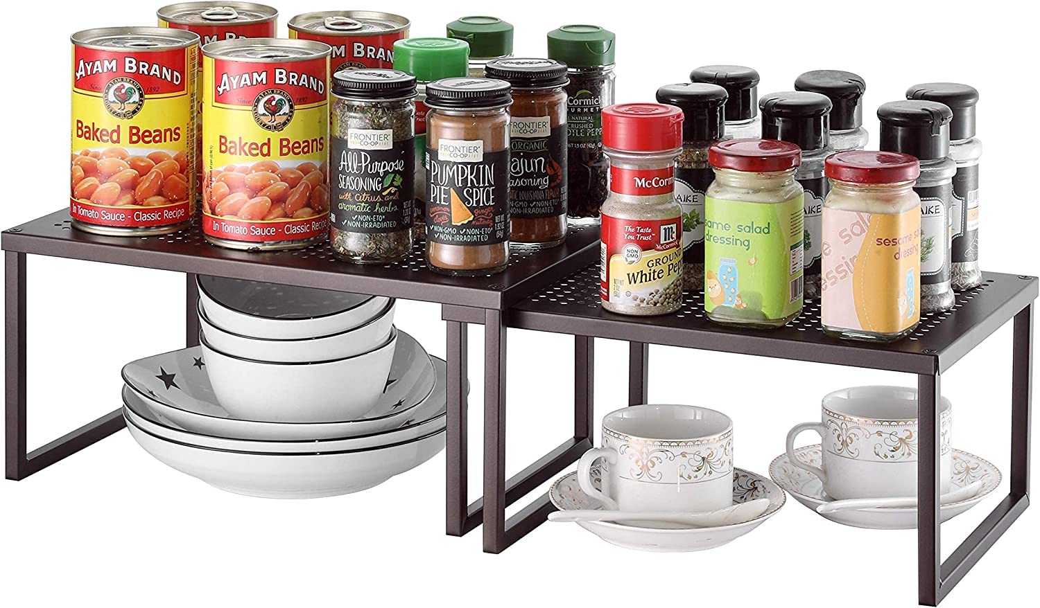 INDIAN DECOR 91426 Simple Trending Cabinet Shelf Organizer 2 Pack- Kitchen Counter Shelf Rack for Pantry Organization, Expandable Stackable, Black