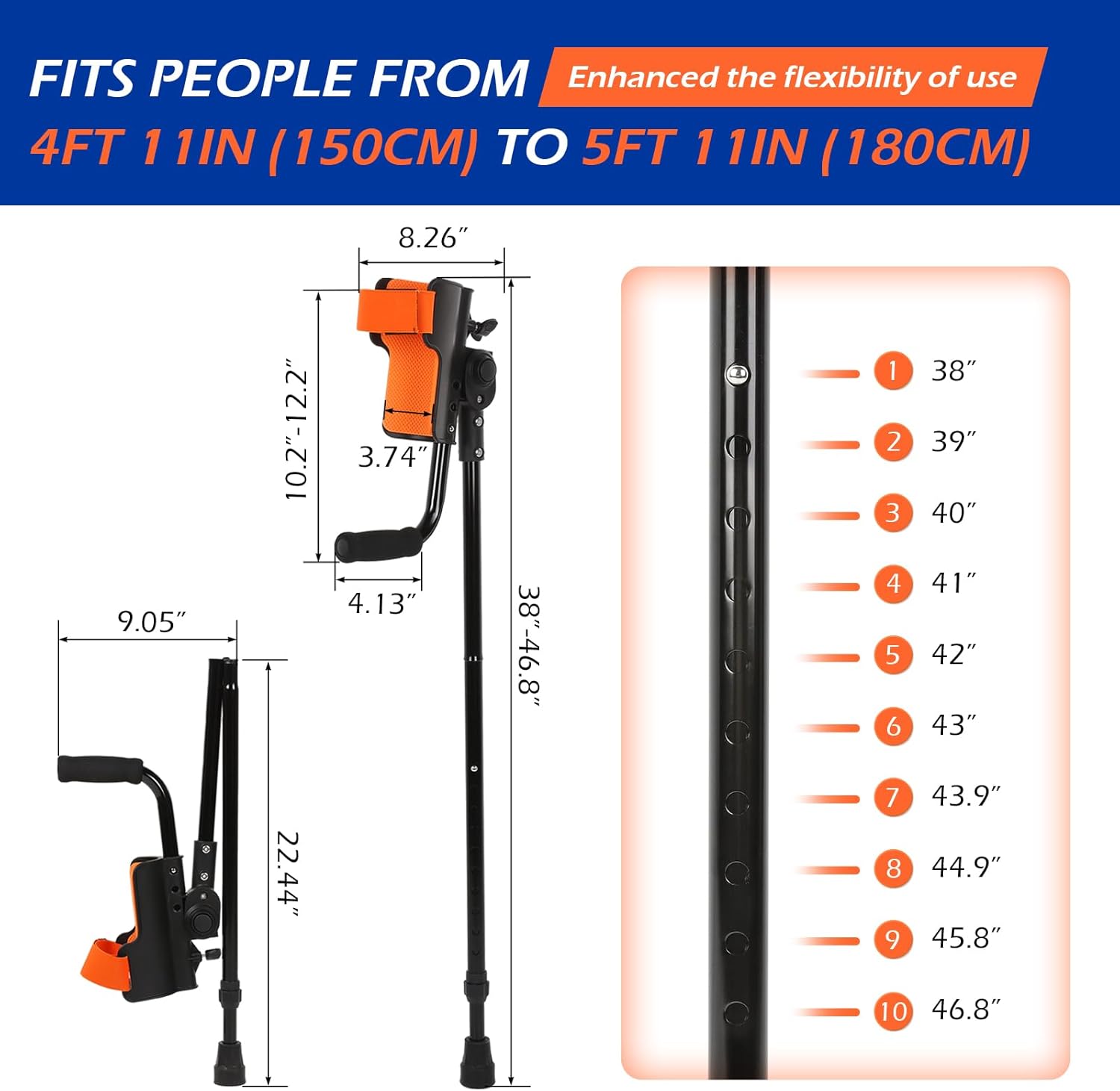 Dyna-Living Forearm Crutches for Adults with 3 Adjustable Angles,Foldable Elbow Crutches Anti-Drop Cuff Comfortable Crutches (Pair)