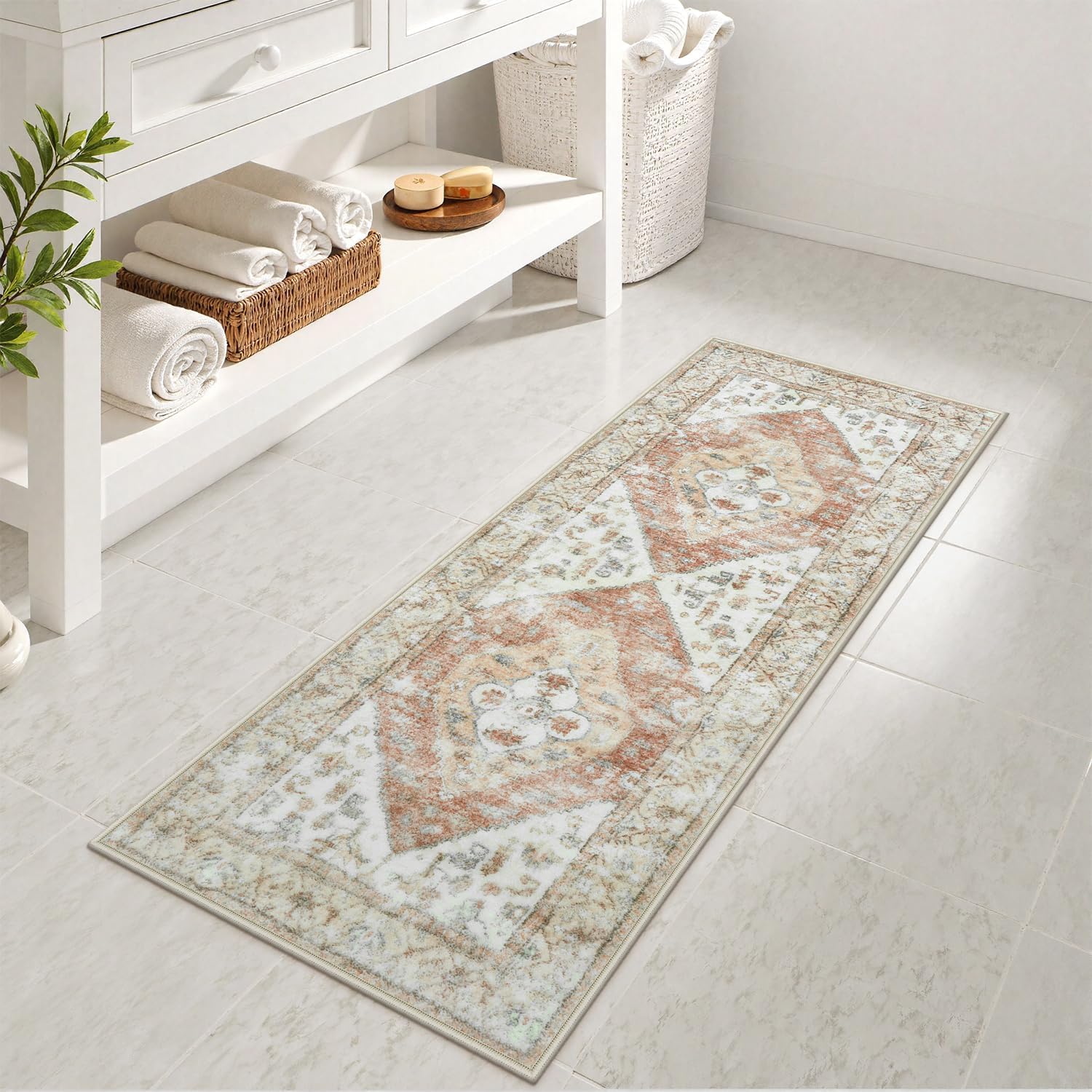 Uphome Bathroom Runner Khaki Tribal Large Bathroom Rugs Boho Ultra Soft Machine Washable Bath Mat Non-Slip Oriental Distressed Floor Carpet for Shower Sink Entryway, 18x47 inch