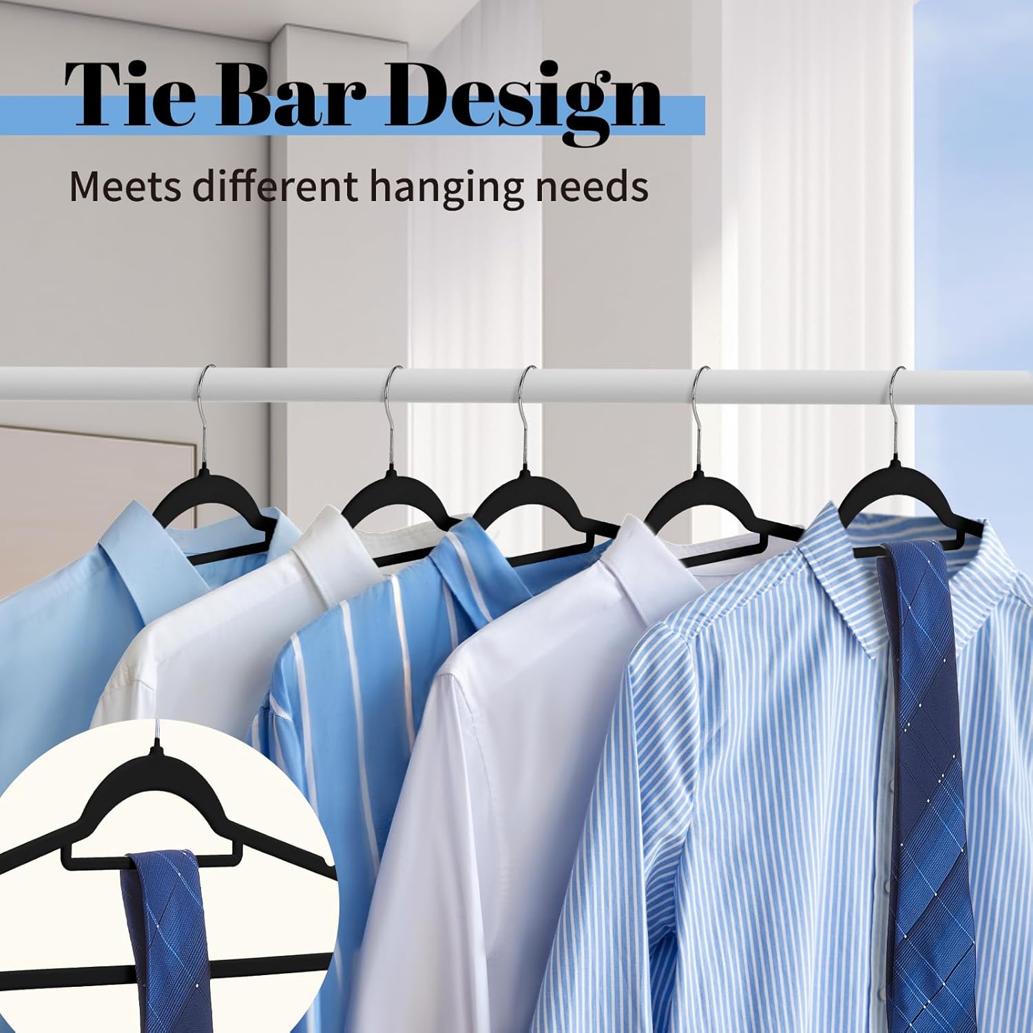 Smartor Black Velvet Hangers 60 Pack, Space Saving Clothes Hangers with Tie Bar, Non-Slip Felt Hanger with Shoulder Notches, Heavy Duty Suit Hanger for Coat, Shirt, Pants, Dress