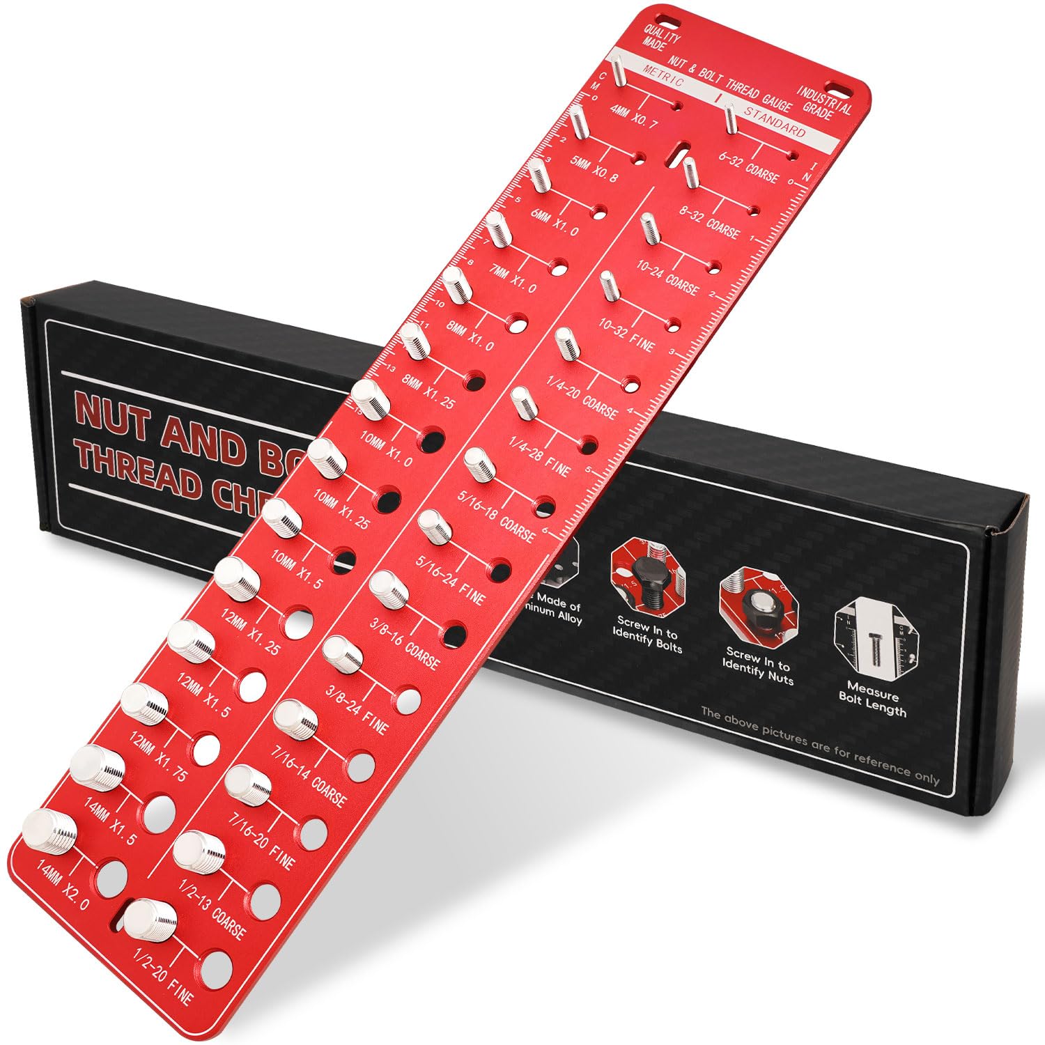 Tester Per Filettatura, 28 Tester Per Dimensione Filettatura Di Dadi E Bulloni, Calibro Di Identificazione Delle Viti Con 14 Standard E 14 Metrici, Rosso