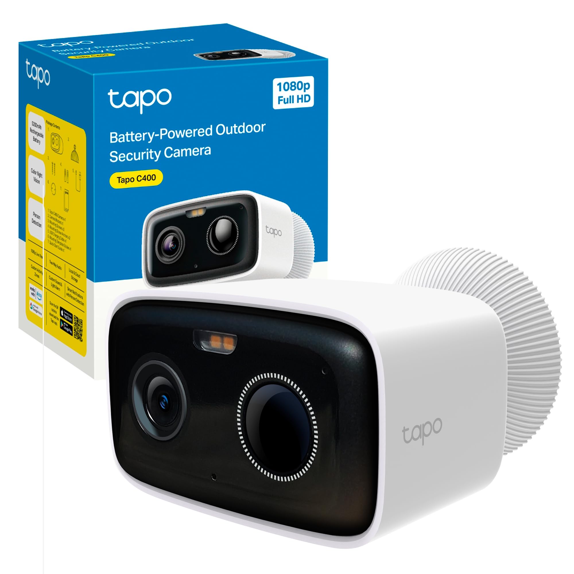 Tapo C400 Wireless FHD External WiFi Camera, 5200mAh Battery Up to 180 Days, Surveillance Camera, Color Night Vision, Person Detection, Sound and Luminous Alarm, IP65 ClimatePartner certified