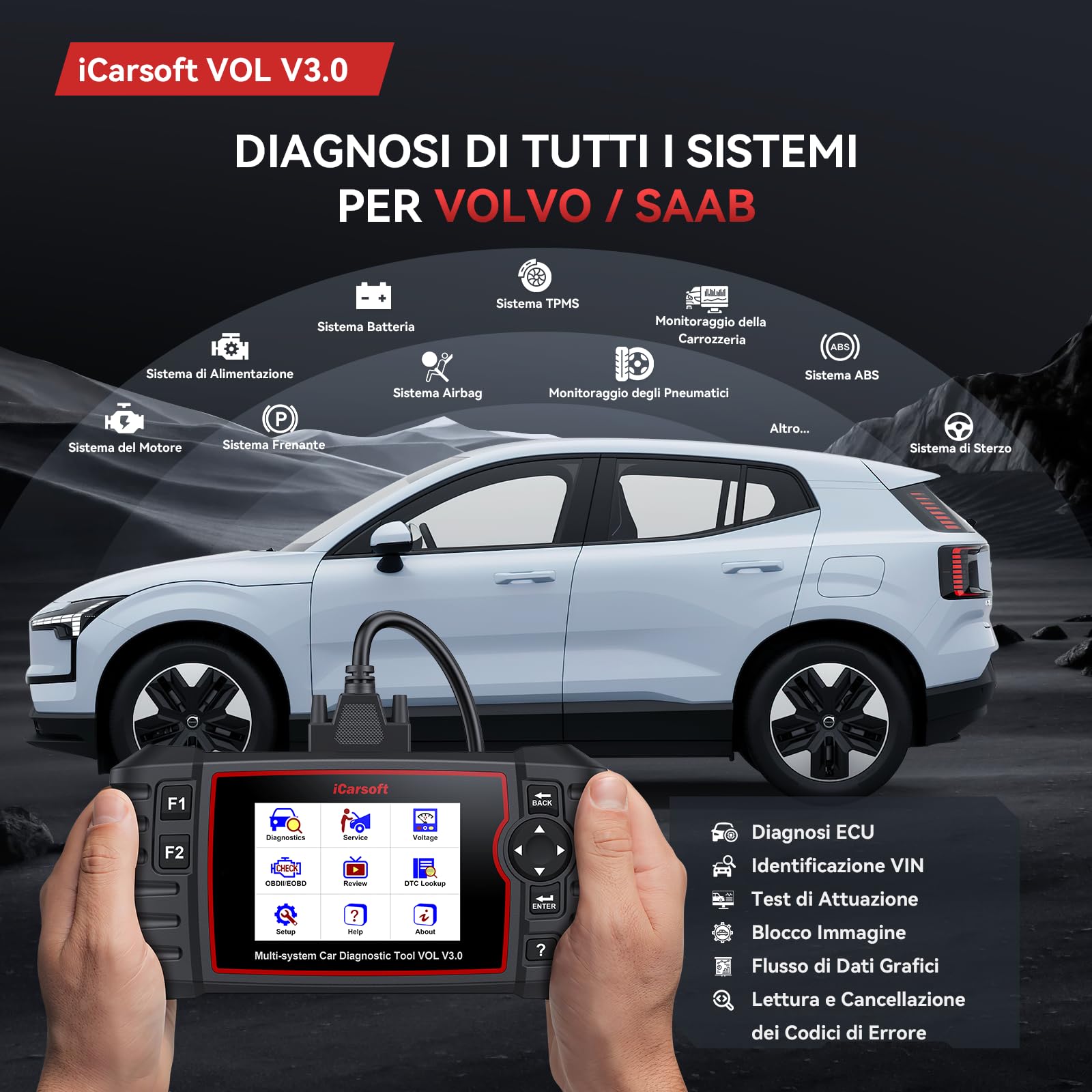iCarsoft Vol V3.0 OBD2 Auto Diagnostica per Volvo/Saab, Diagnosi Auto Professionale in Italiano per Tutti i Sistemi, 39 Funzioni di Ripristino, Test Bidirezionale, Auto Vin, Aggiornamento a Vita
