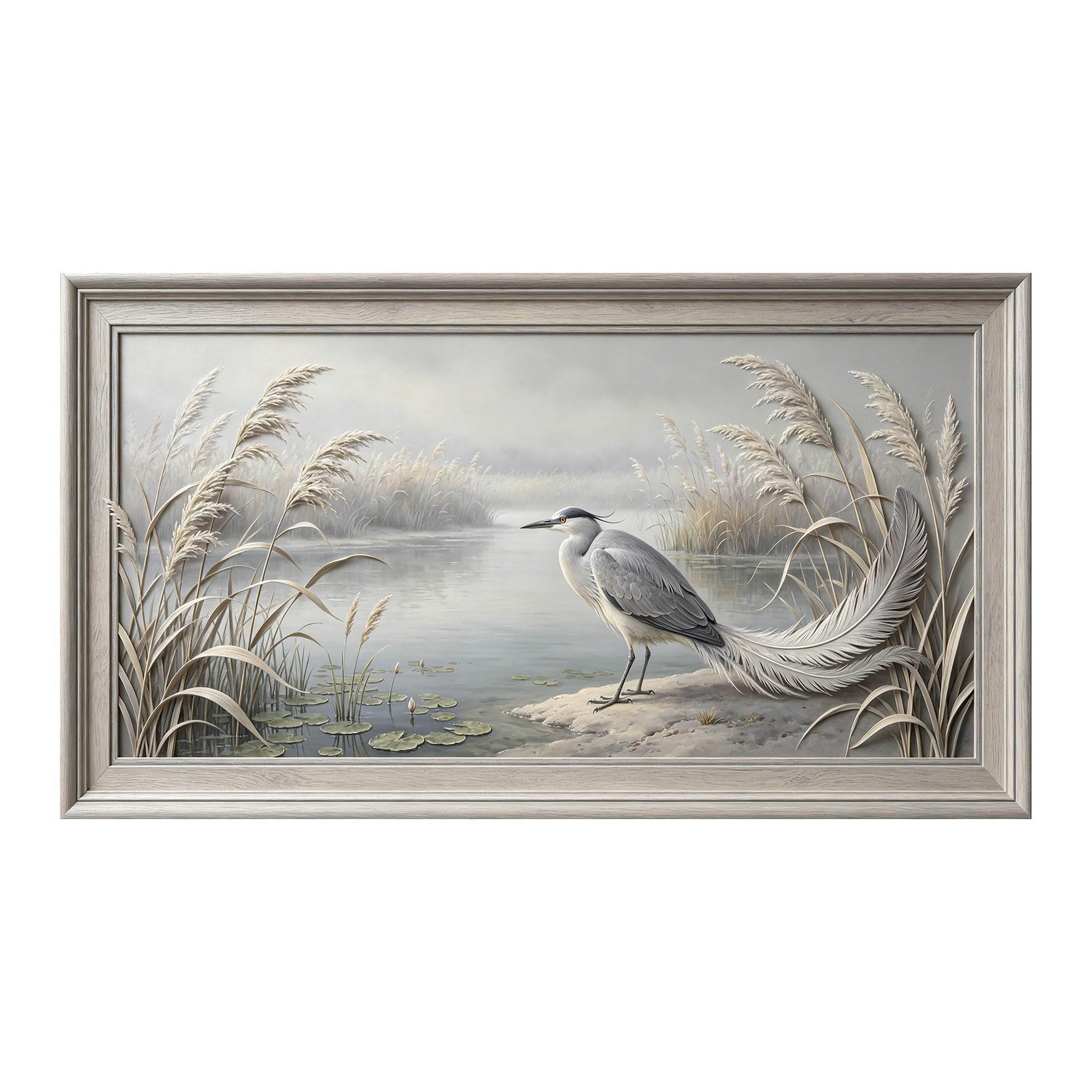 Murasolite 3D 3D Framed Wall Art 50cm×90cm Misty Lake Heron Landscape Oil Painting SelfAdhesive Fabric Mural Wall Decor, Peel and Stick No Damage to Wall for Bedroom Living Room