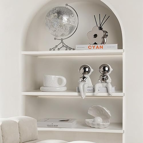 Miniatura 5 de Linxia Estatuilla decorativa de astronauta de cerámica para decoración del hogar, escultura coleccionable de astronautas de plata brillante, juego