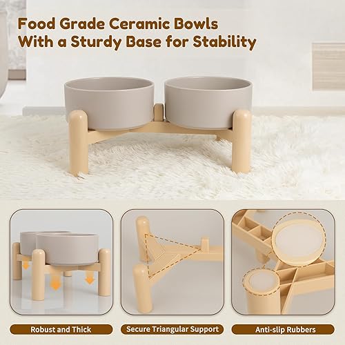 Miniatura 3 de Juego de cuencos elevados de cerámica para perros, juego de cuencos elevados para alimentos y agua, cuencos dobles para perros con soporte