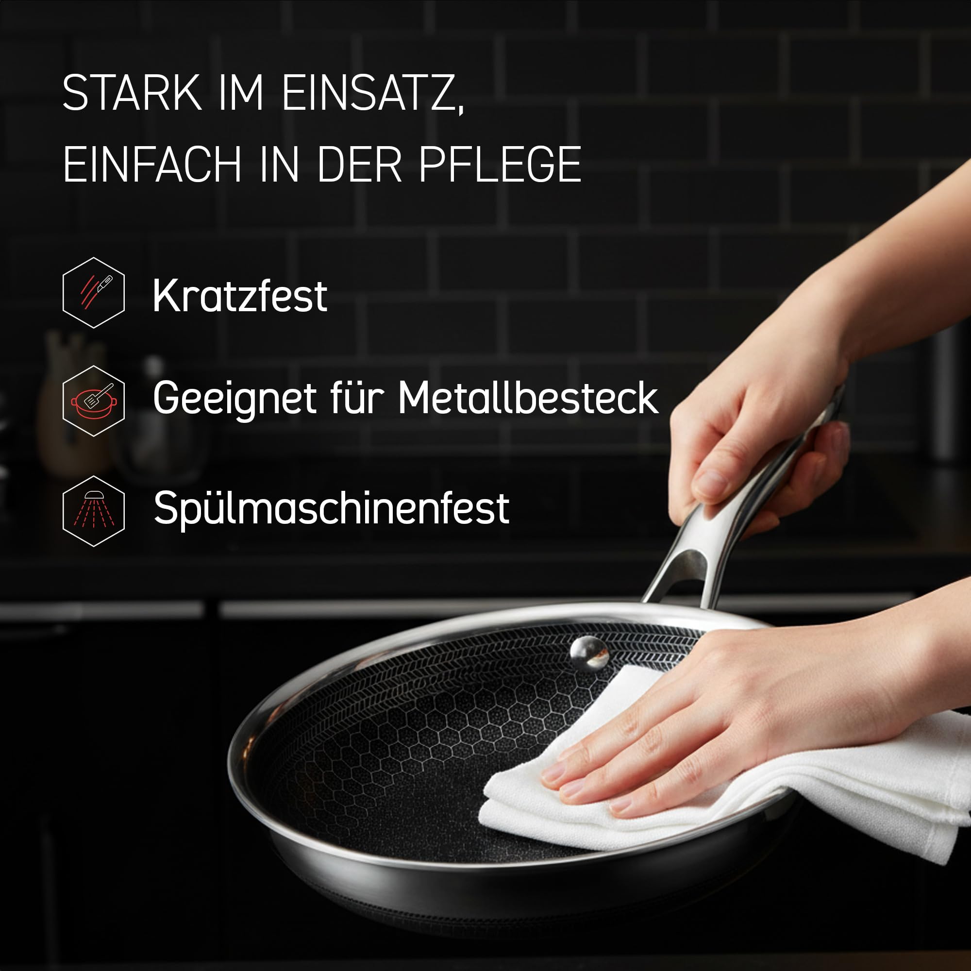 HexClad Hybrid-Pfanne mit Deckel, Ø 30 cm – Edelstahlpfanne mit Wabenstruktur – Bratpfanne für alle Herdarten, auch Induktion – Antihaftbeschichtete Pfanne, ofen- und spülmaschinenfest