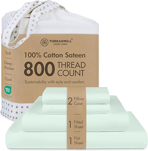 Vista 23 de Threadmill Sábanas de lujo de 800 hilos, tamaño completo, 100 % algodón - Sábanas de cama de tejido satinado verde salvia, mejor que el algodón