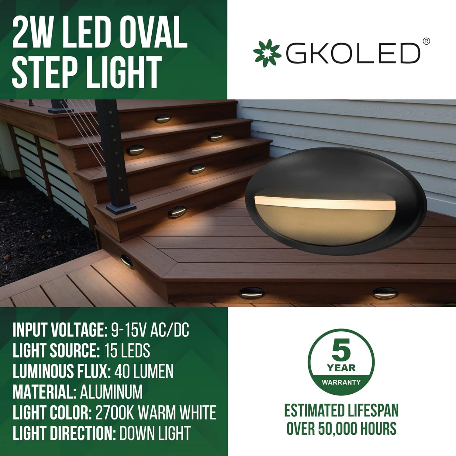 GKOLED 2-Pack Low Voltage LED Oval Riser Step Light, Landscape Stair Lights, 2W 40Lumen, 9-15V AC/DC, 2700K, Die-cast Aluminum, Powder Coated Finish, Matte Black, IP65 Waterproof for Outdoor