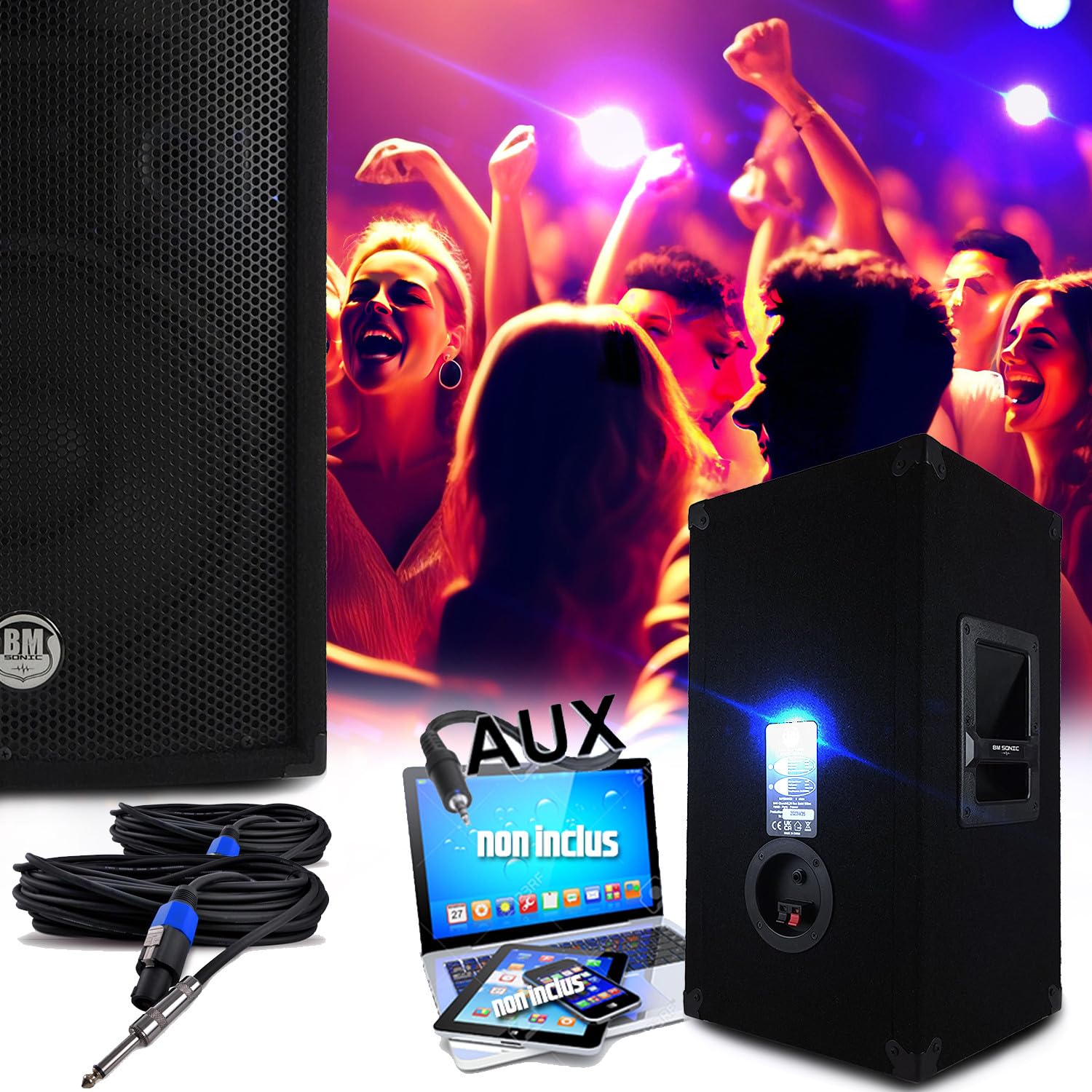 Pack Sono Complet 3200W BM Bmsonic Ampli 2000W, Paire d'Enceintes 2x600W, Table de Mixage, Portique 4 Lumières Xperformer OVNI LED
