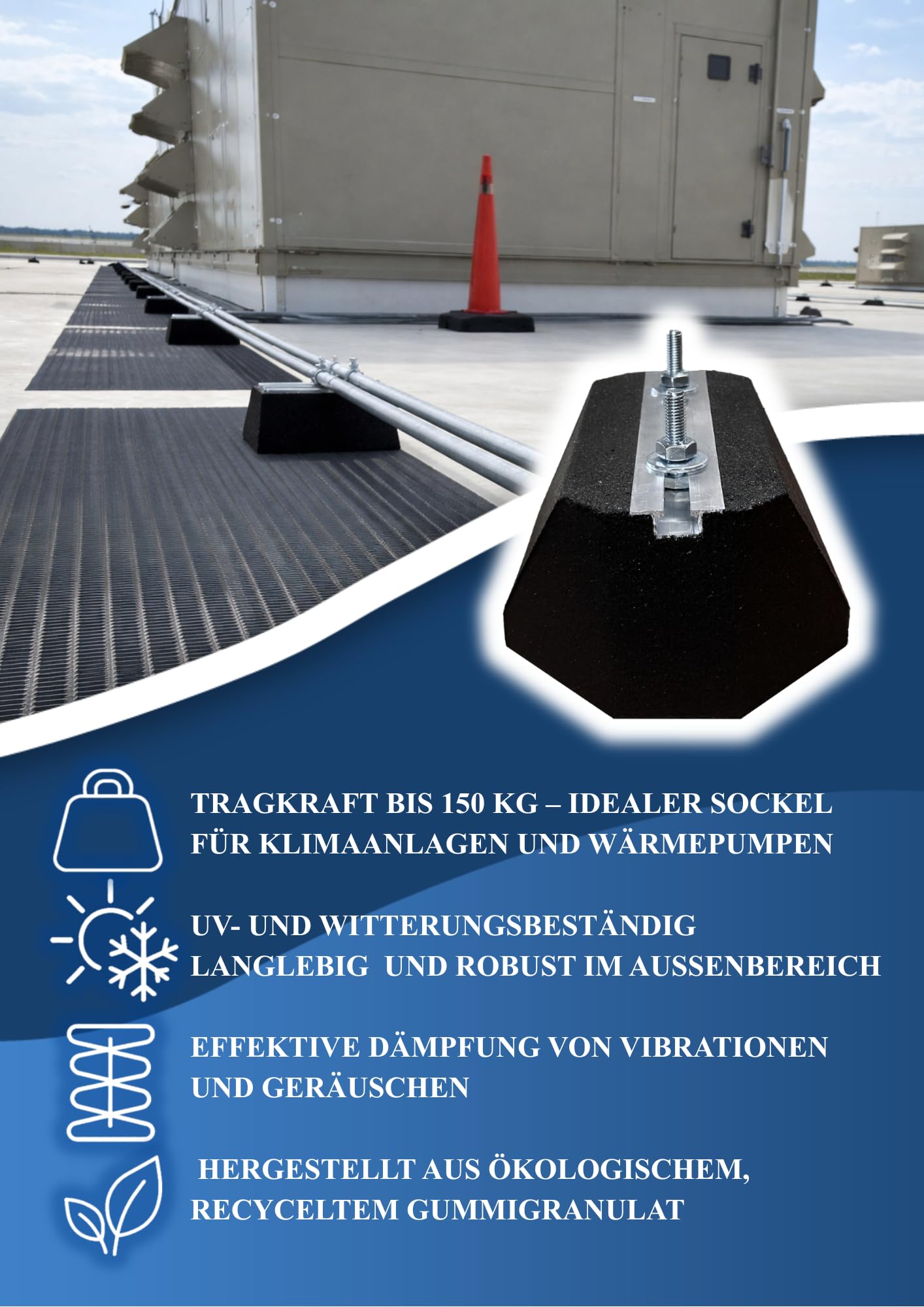 Black panda - Gummiblock 25 cm mit Befestigung – Anti-Vibrations Sockel für Klimaanlage, Wärmepumpe, Kälte- und Lüftungstechnik - Traglast bis 150 kg, UV- & witterungsbeständig