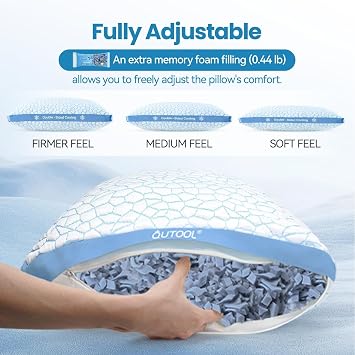 QUTOOL Cooling Pillows for Hot Sleeping, Shredded Memory Foam Pillows Standard Size Set of 1,Adjustable Soft & Firm Gel Bed Pillow for Side, Back, Stomach Sleepers