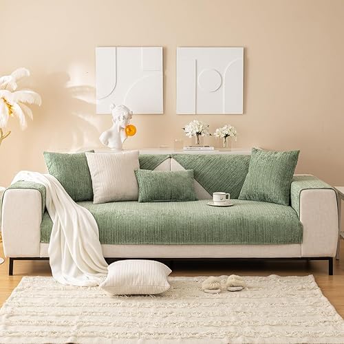 Miniatura 3 de vctops funda de sofá de chenilla suave con textura de tejido a rayas de color sólido, funda seccional para sofá lavable antideslizante para perros y