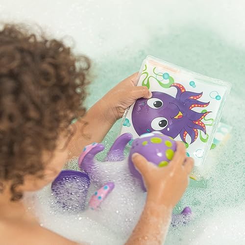Miniatura 5 de Nuby Pulpo morado flotante con 3 anillos de aro interactivo para baño, libro de tiempo divertido con páginas a prueba de agua y chirriador sorpresa,