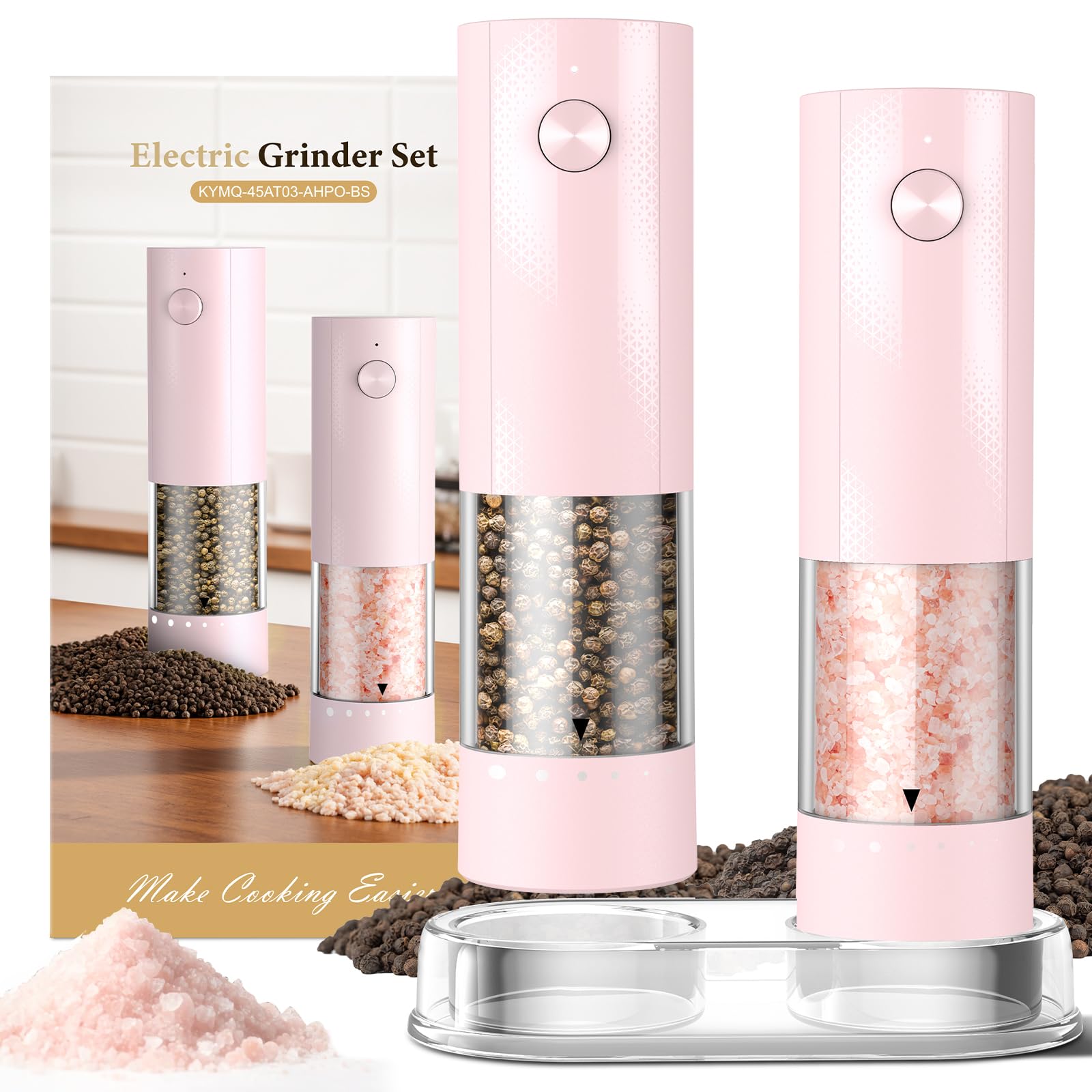 Electric Salt and Pepper Grinder Set - Rechargeable Automatic Salt and Pepper Shakers, Kitchen Appliances with External Adjustable Coarseness, Larger Hopper for Cooking, Home Gifts(2 Pack,Pink/Pink)