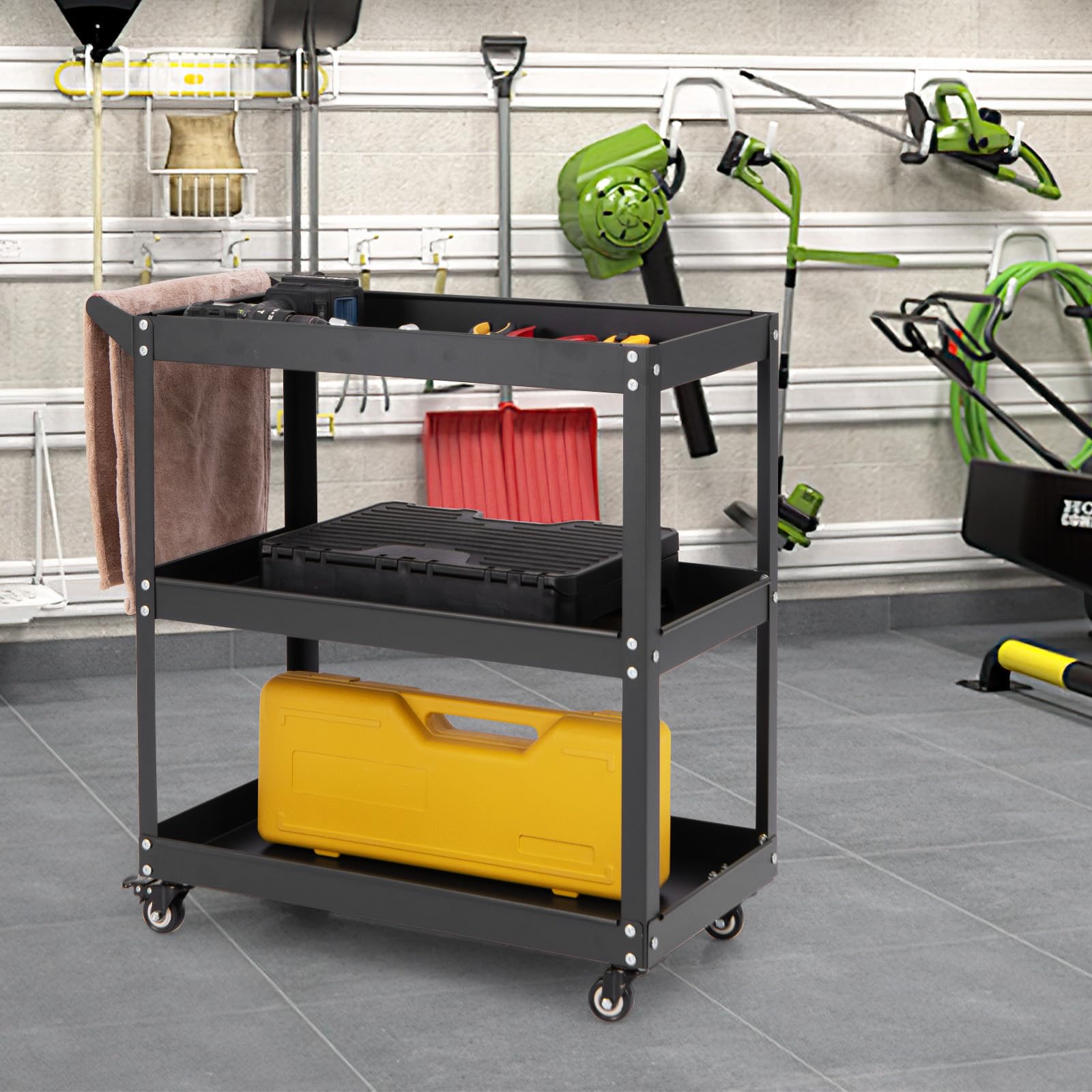 GYMAX Carrello Multiuso Robusto a 3 Ripiani con Maniglia Comoda, Ruote Bloccabili per Magazzino, Garage, Cucina, Officina (Nero)