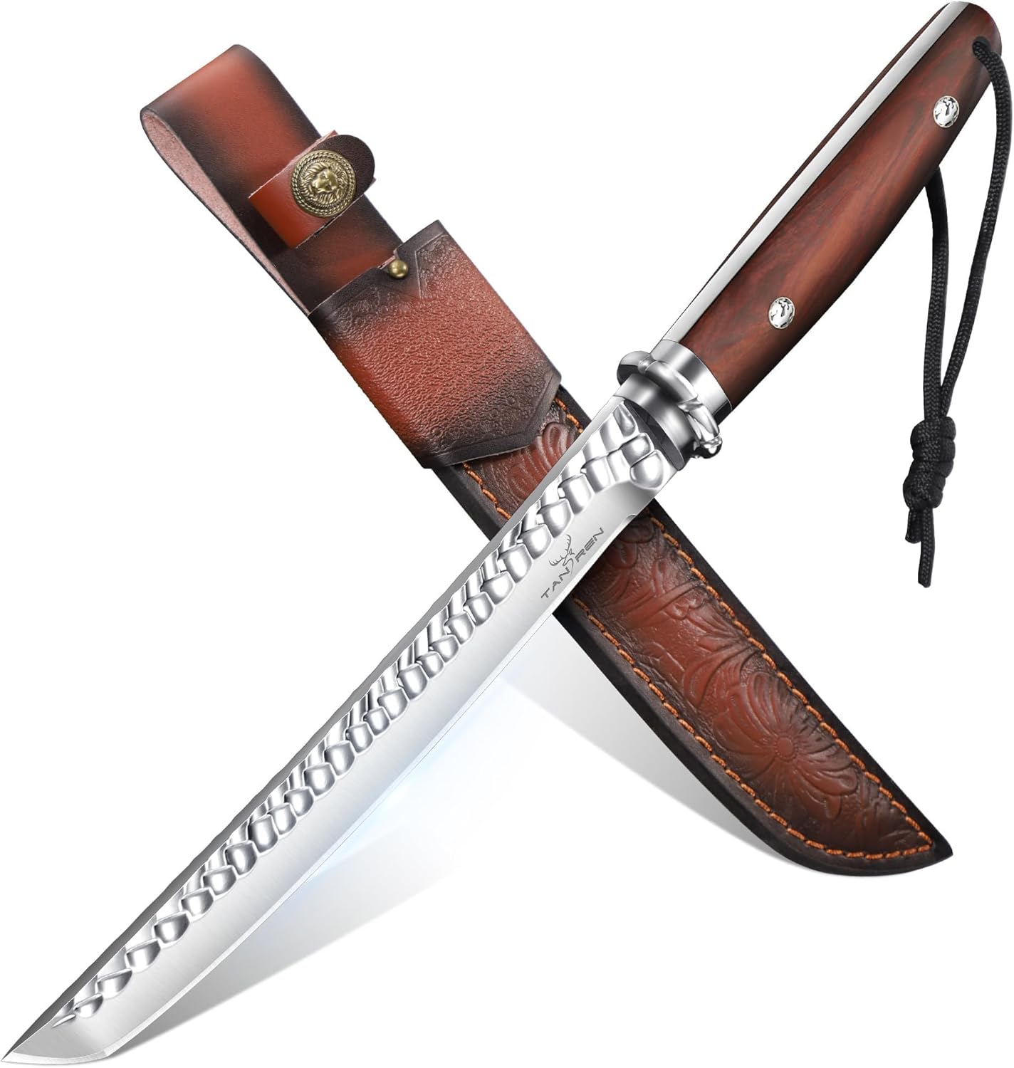 TAN REN Hunting Knife with Sheath, 8.3 Inch Fixed Blade Survival Outdoor Knife with Wooden Handle for Camping, Bushcraft, Christmas Gifts for Men