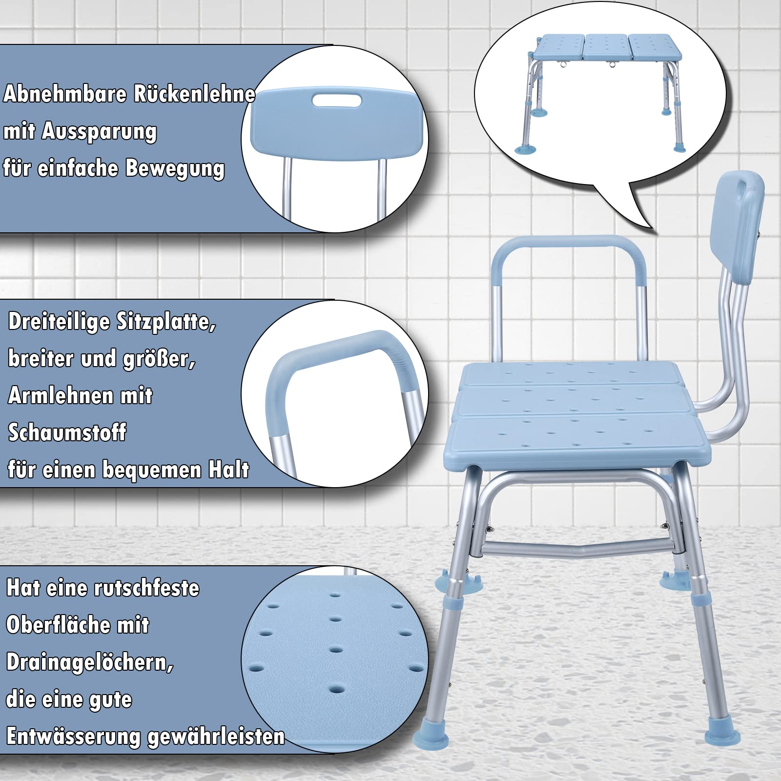 ACXIN - Sedile per vasca da bagno per anziani con manico imbottito, regolabile in altezza, sedia doccia per vasca da bagno, sgabello doccia con schienale e braccioli, antiscivolo, capacità di peso