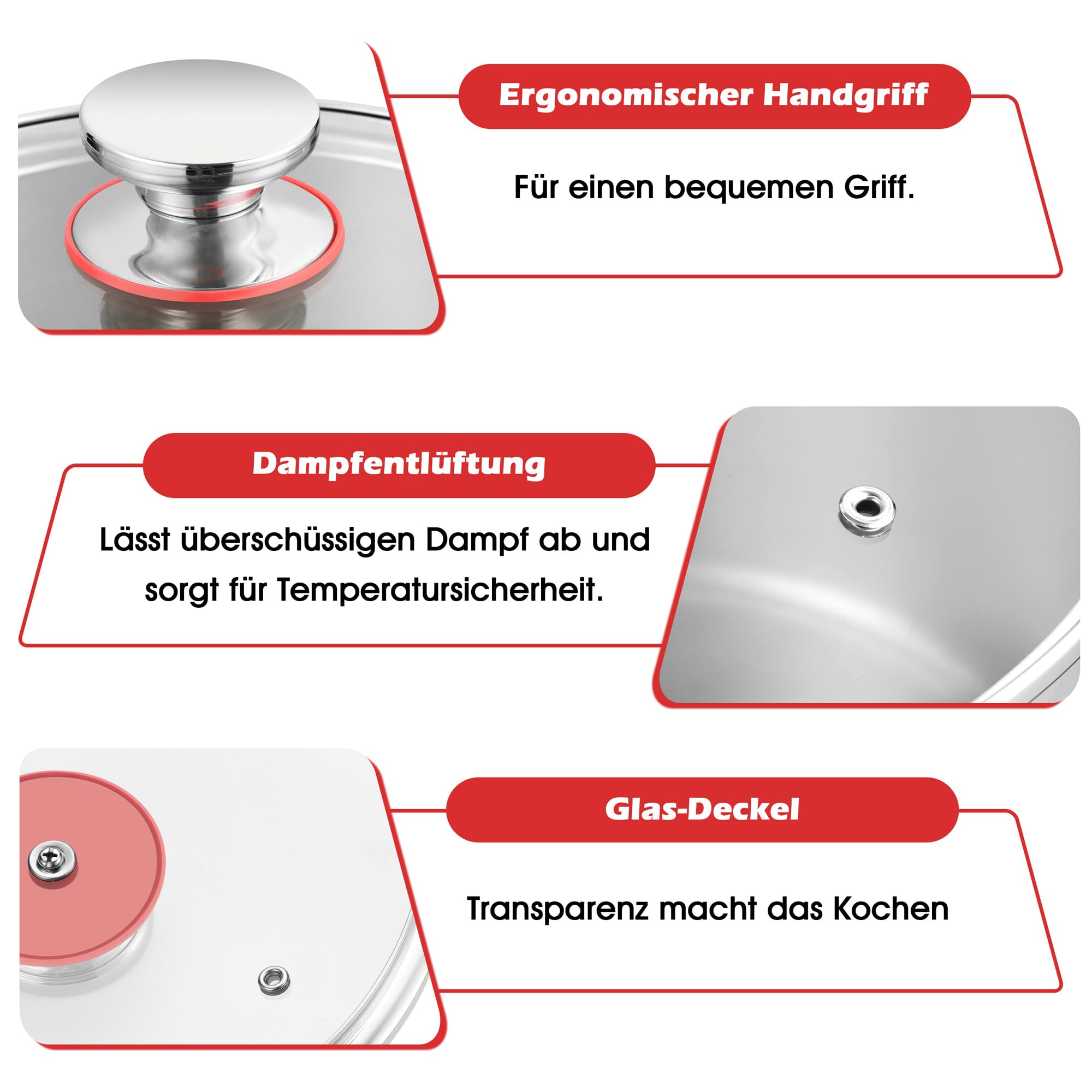 Homikit 22 cm kookpan, 3-laags roestvrij staal, 4,7 l, soeppan, kookpannen, inductie met glazen deksel, pastapan, vleespan met hittebestendige handgreep, geschikt voor alle warmtebronnen