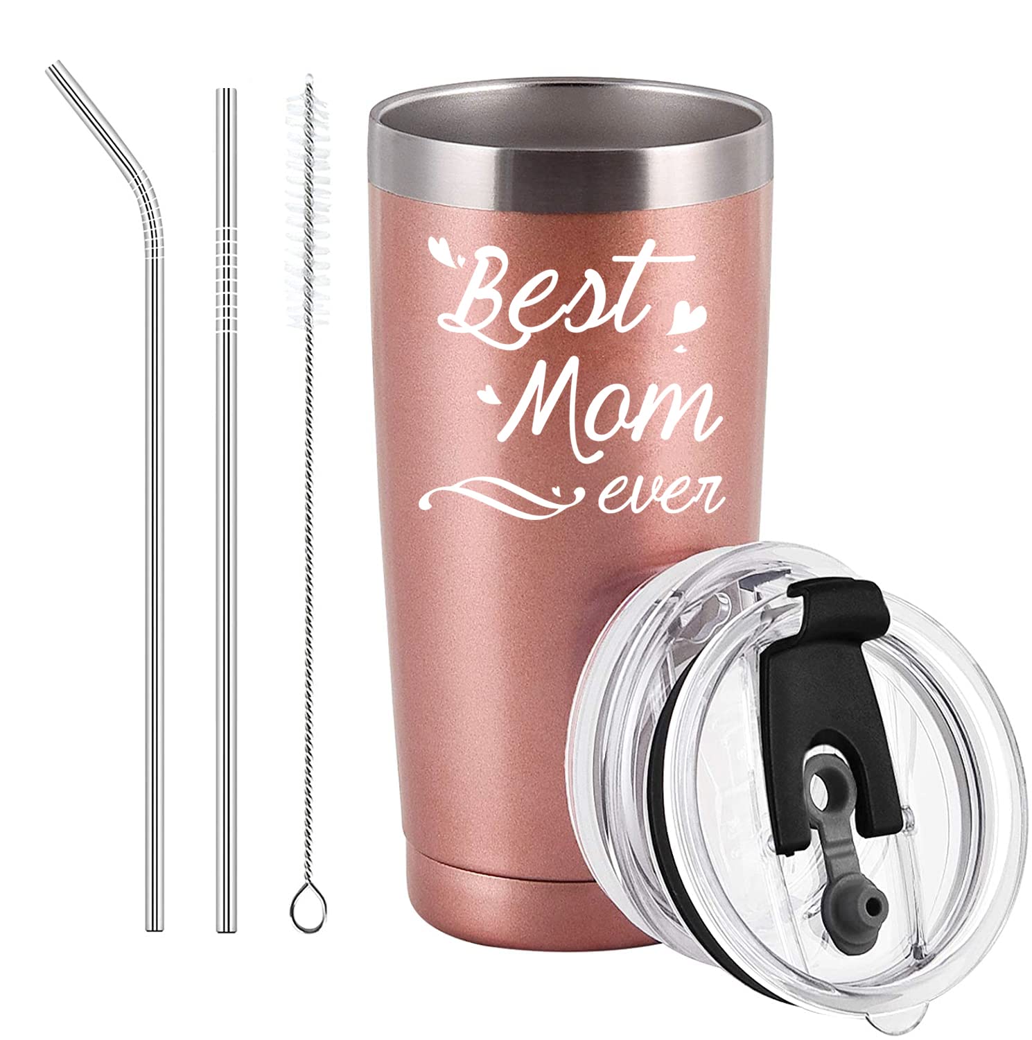 Best Mom Tumbler Best Mom Ever Tumbler with Straw and Lid Best Mom Ever Travel Tumble Birthday Mothers Day Gifts for Mom from Daughter Son Mom Travel Tumbler with 2 Lids and Straws, 20OZ Rose Gold