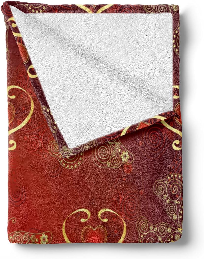 Lunarable Maroon Throw Blanket, Valentines Day Romance Swirled Lines Ornate Lace Style Butterflies Hearts, Flannel Fleece Accent Piece Soft Couch Cover for Adults, 60" x 80", Pale Yellow Vermilion