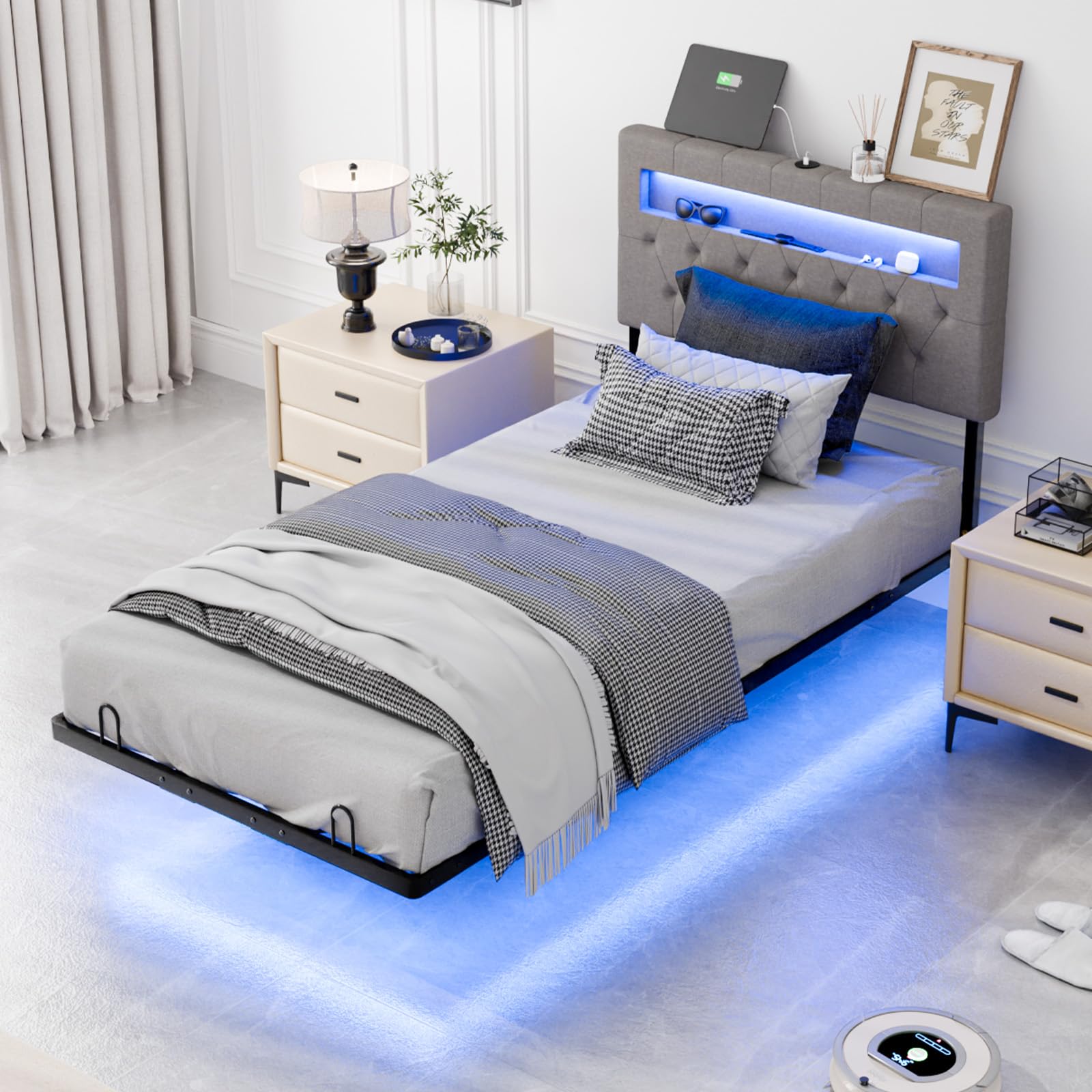 Bonnlo 3ft Floating Single Bed Frame with LED Lights & Upholstered Storage Headboard, Upholstered Bed Frame -Charging Station,Under Bed Storage/Mattress Foundation/Metal Slat Support/Noise Free,90x190