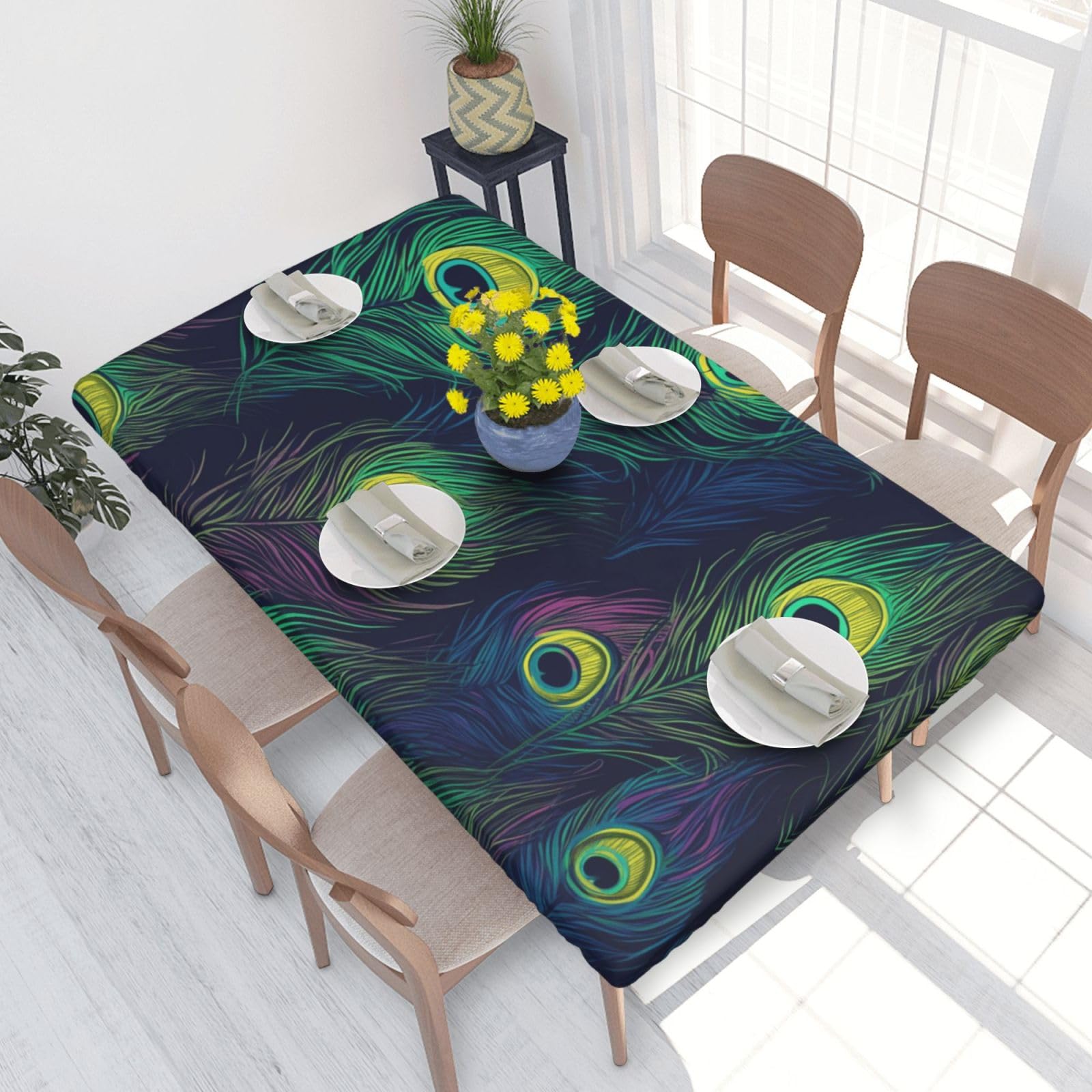 Peacock Feathers Pattern Waterproof Square Table Cover Elastic Fitted Tablecloth Oil Proof Table Protector For 4ft Table