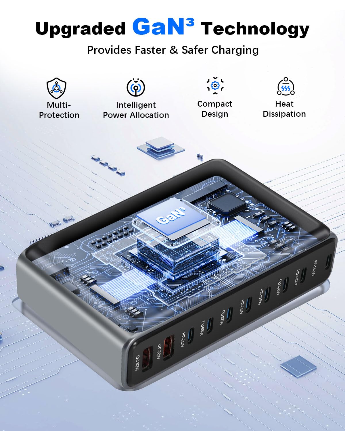 Cargador USB múltiple de 800 W, 10 puertos, cargador rápido con 8 USB C + 2 USB A, estación de carga para varios dispositivos compatible con Mac-Book, Pad, Phone 16/15/14 Serie, G-alaxy S22/S20, D-ell