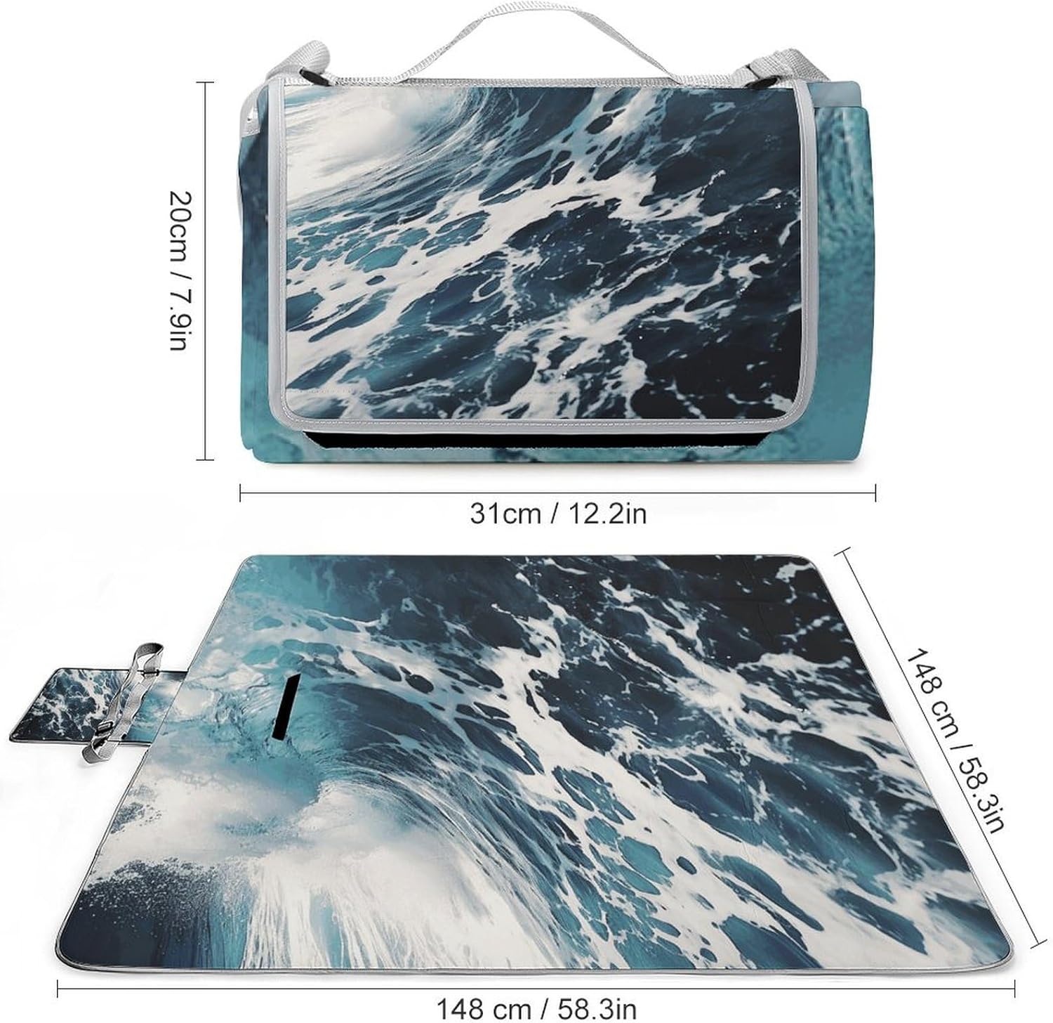 Beach Foam Wave Waterproof Picnic Blanket 58.3''x58.3'',Portable and Foldable Picnic Mat with Handle,Outdoor Blankets for Lawn Park Beach Travel