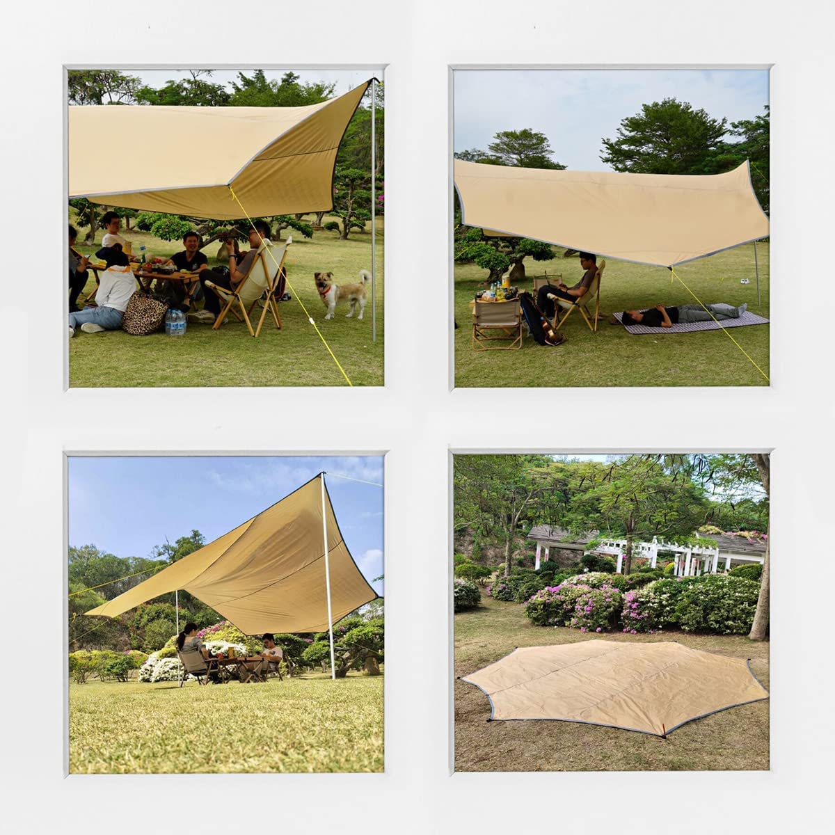 Toit de tente de camping - 3 x 3 m - Avec barre de support, piquets et cordon en nylon (vert herbe)