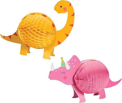 Girl Dinosaur Centerpiece - Pink & Yellow Honeycomb Paper Party Decorations (12" X 9.25" & 9.25" X 7.5", Pack Of 1) - View #11