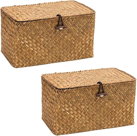 WOOD MEETS COLOR Wicker Storage Baskets with Lids, Set of 2 Seagrass