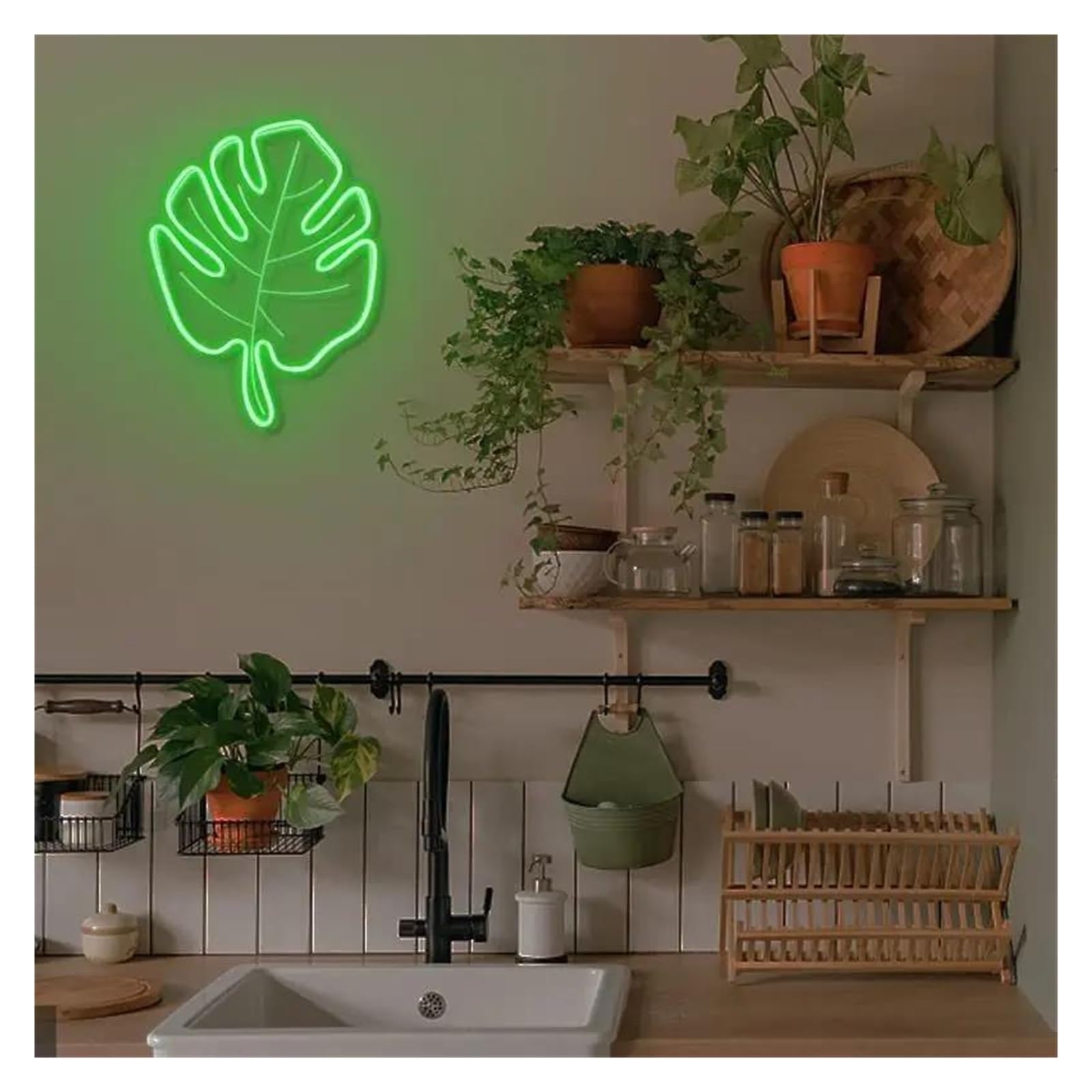 Luz de Diseño de Digital Hoja De Arce, Hoja Verde, Señal De Luz LED Nocturna De Neón, Lámpara De Decoración De Pared Para Halloween, Boda, Fiesta De Cumpleaños (Talla : Segundo)