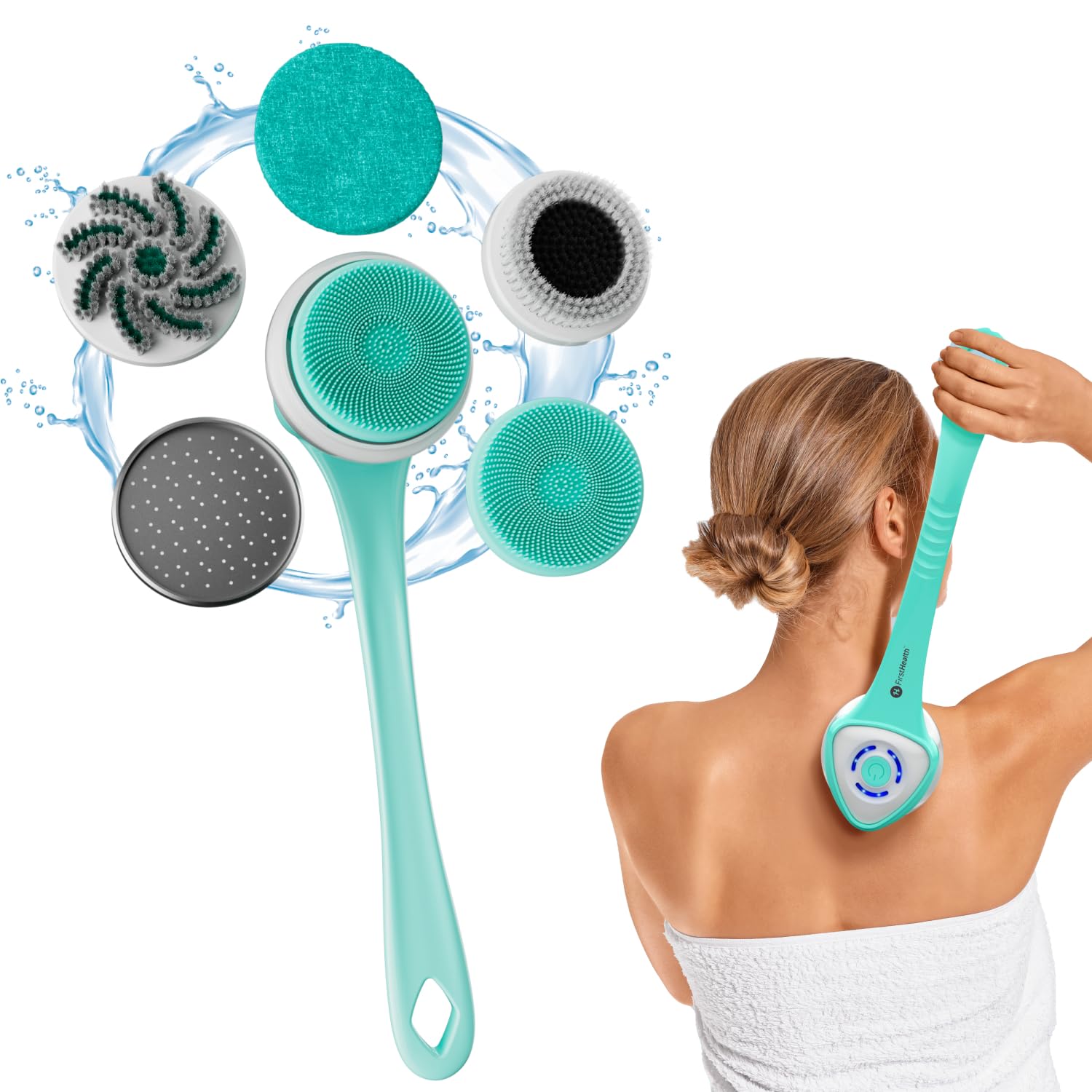 FIRSTHEALTH 6-in-1 Electric Exfoliating Body Scrubber for Women & Men, USB-C Rechargeable IPX7 Waterproof Shower Brush, Detachable Long Handle Back Scrubber & Foot Brush, 3 Modes