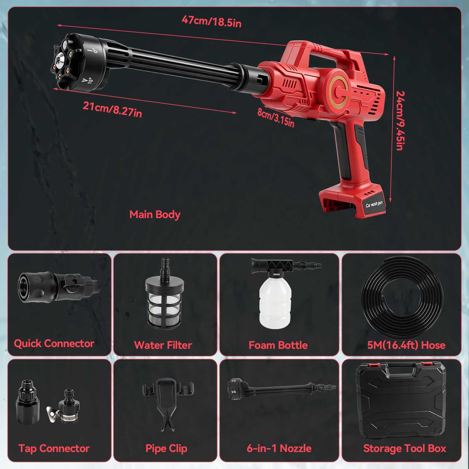 Idropulitrice senza fili compatibile con Milwaukee m18, 21000 giri/min, 69 bar, portatile, con ugello 6 in 1, per la pulizia di pavimenti, recinzioni e pareti dell'auto (rosso)