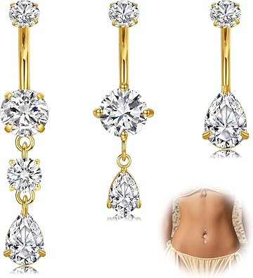 WillTen 3Pcs Belly Button Bars 14G Stainless Steel Belly Bars, 10mm Gold Silver Dangly Navel Rings Belly Button Piercing for Women, Clear CZ Teardrop Heart Dangling Belly Button Jewelry