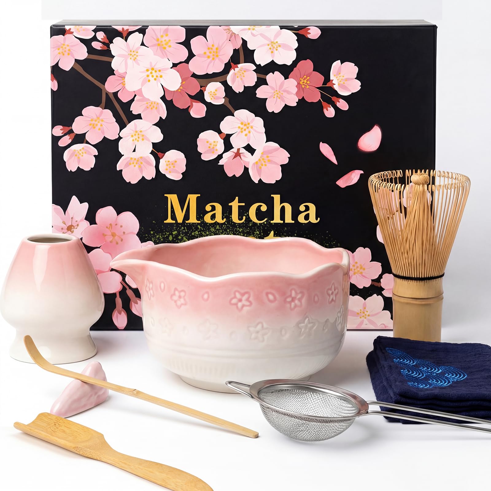8 pezzi Matcha Kit, Matcha Set design a fiori di ciliegiocon Frusta Matcha, Ciotola, Cucchiaio, Filtro, Supporto, Kit Matcha completo, Elegante Set per Amanti del Matcha(Rosa Sfumato)