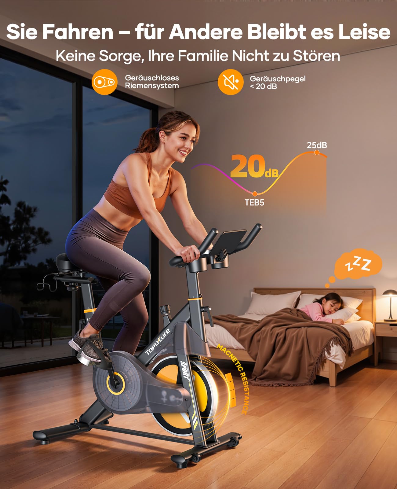 Toputure Neu Heimtrainer Fahrrad mit Elektr. LED-Touchmonitor & App, Herzfrequenzmessung, 32 Elektr. Magnetwiderstand Hometrainer, Leiser Ergometer, Dopp. Flaschenhalter, Langhantelständer, Bis 150kg