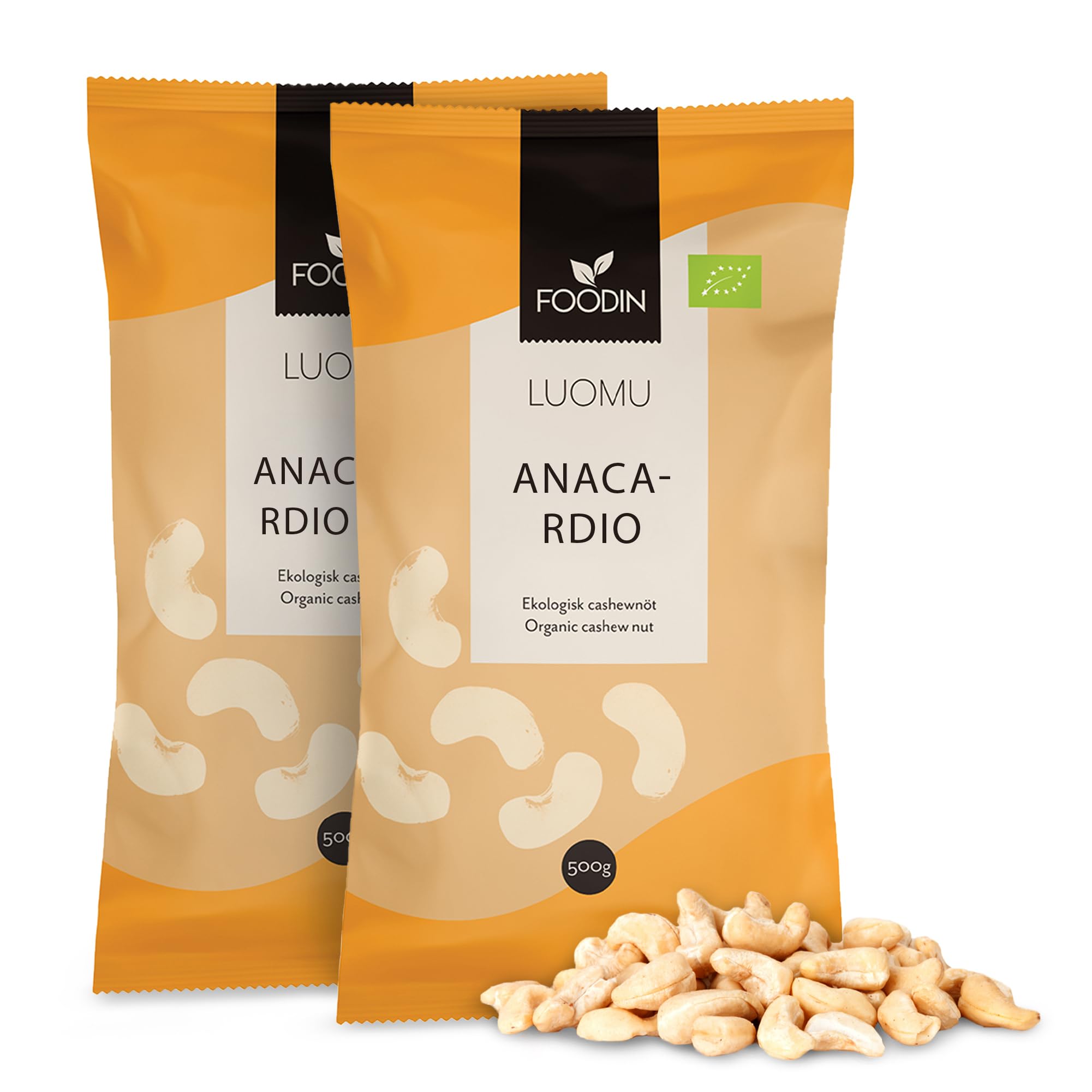 FOODIN Anacardi Biologici, 2x500g anacardi interi, buona fonte di proteine e grassi insaturi, 100% da agricoltura biologica, snack senza glutine e vegano, (2x500g)