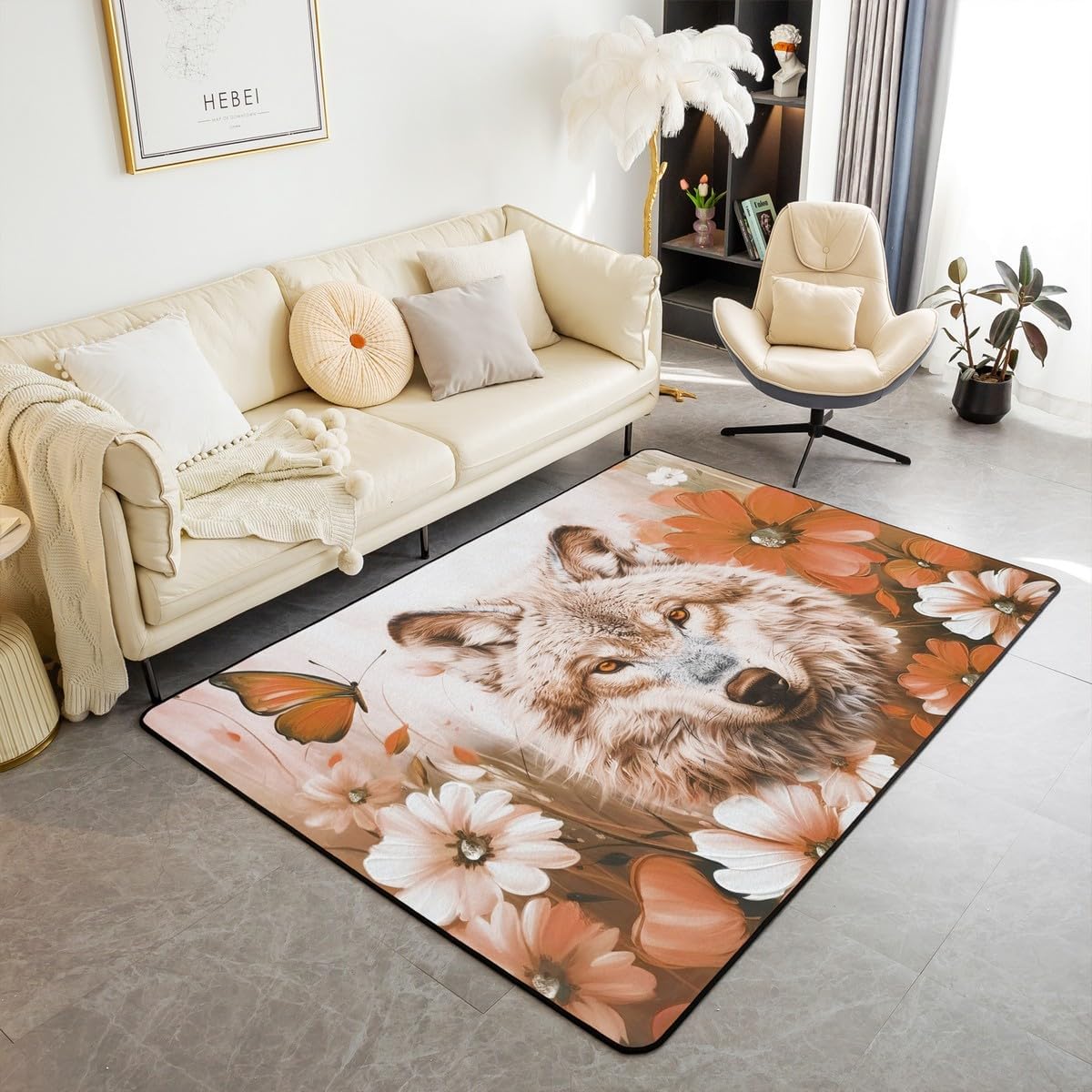 Erosebridal Wolf Area Rug 3x5, Wildlife 3D Animal Non Slip Indoor Floor Mat, Safari Flowers Printed Rectangular Carpet, White Purple Butterflies Kids Girls Decorative Rug for Bedroom Living Room