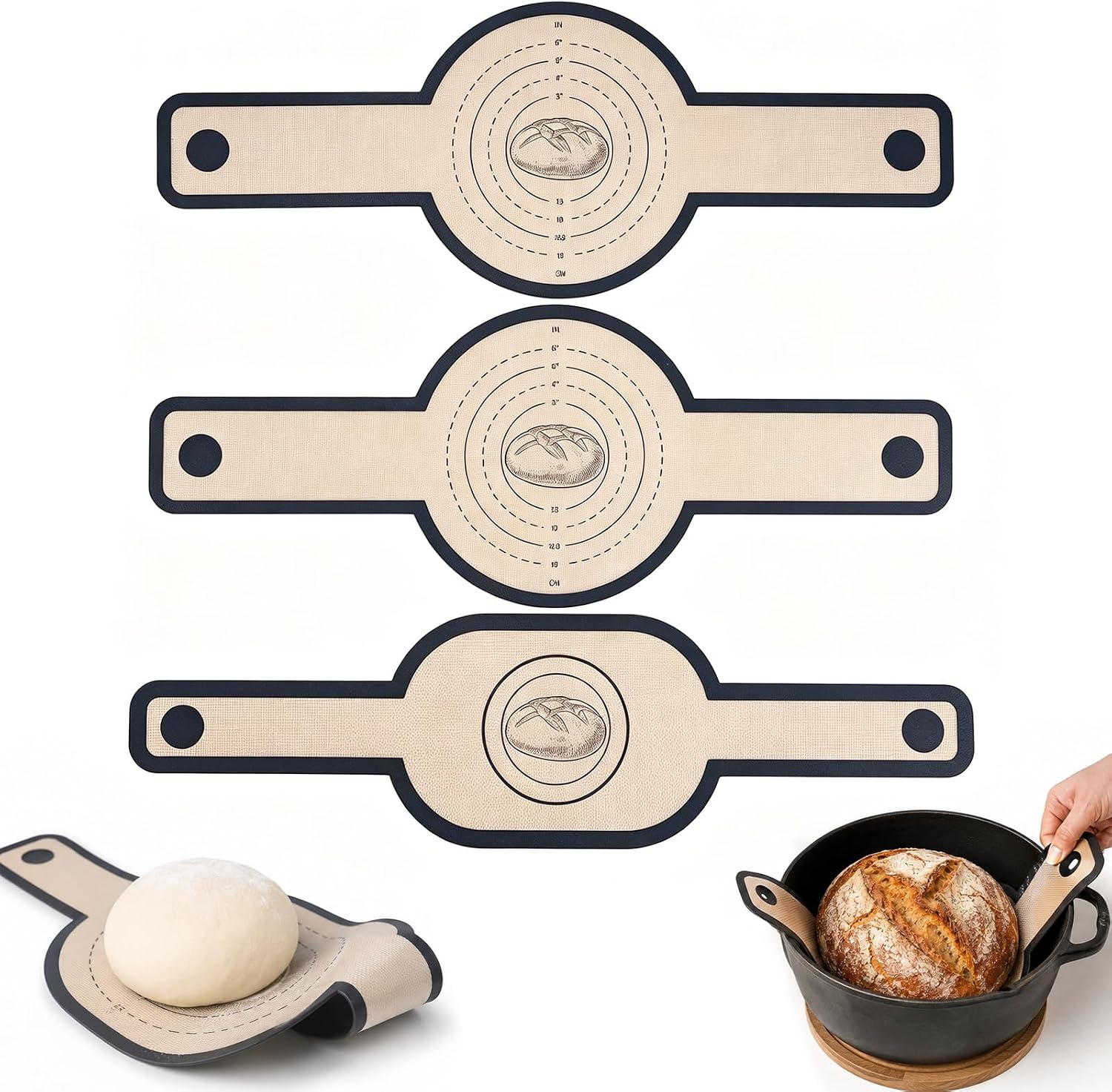 Carehabi Pack of 3 Silicone Baking Mats for Dutch Oven (2 x Round, 1 x Oval) - Reusable Bread Sling with Long Handles - Non-Stick Permanent Baking Foil for Bread Baking in Cast Iron Pot