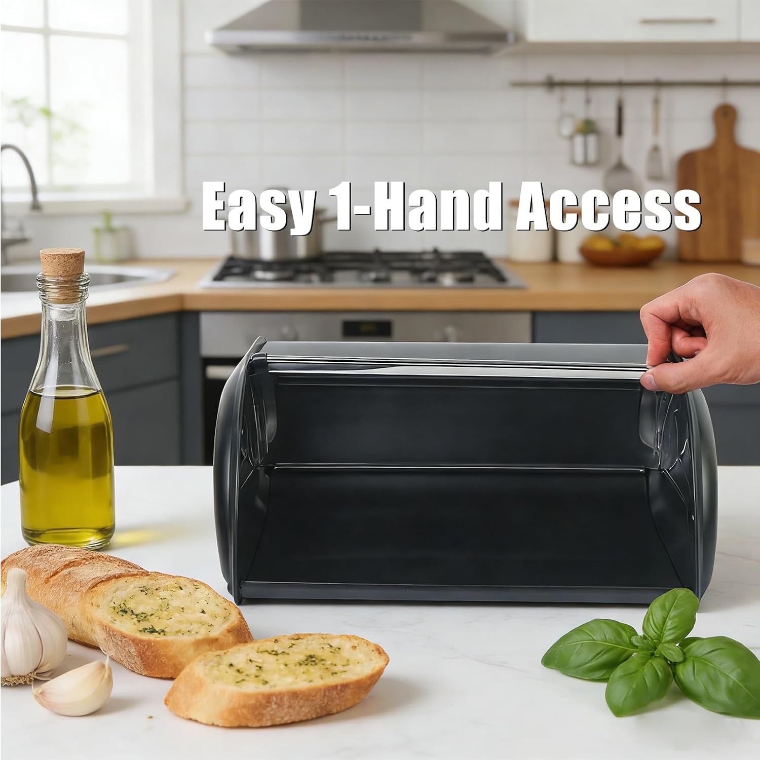 DreamsEden Black Bread Box - Stainless Steel Bread Bin with Roll-Up Lid, Kitchen Countertop Storage Box for Bread Pastries Buns Toasts Snacks