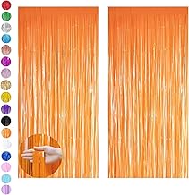 Orange Tinsel Curtain Party Backdrop Glitter,2P 3.2ft x 6.5ft Foil Curtain Halloween Decorations,Orange Foil Fringe Streamers Metallic Tinsel Door Hanging Foil Flow Silk Streamers for Party Background