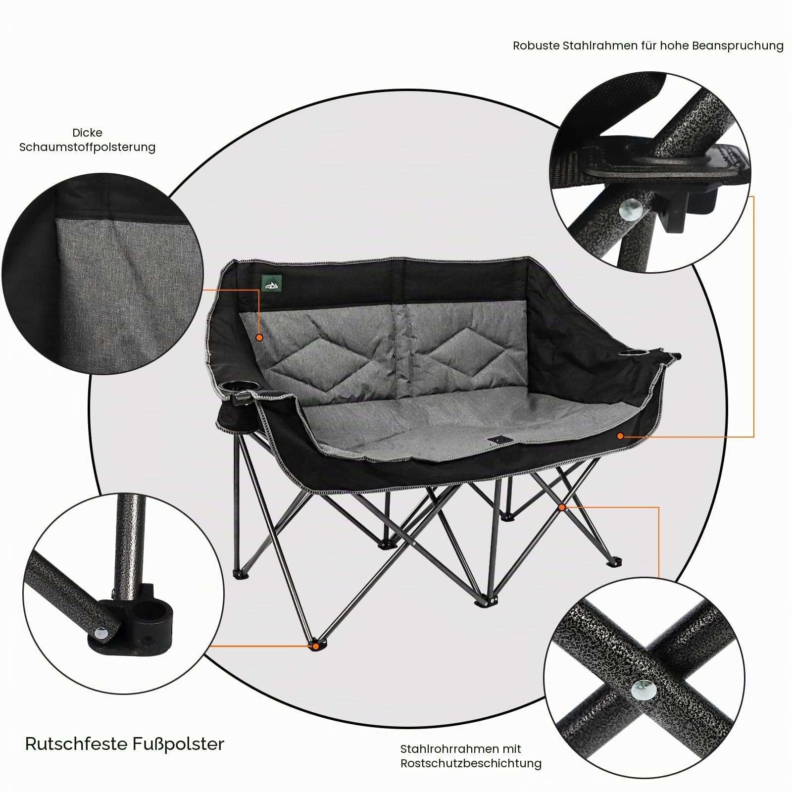 Northroad Folding Loveseat Camping Stuhl Portable Double Duo voll gepolsterte Gartenstuhl für 2 Personen Sofa w/2 Cup Holder, Weinglas Halter für Picknick Strand Reisen