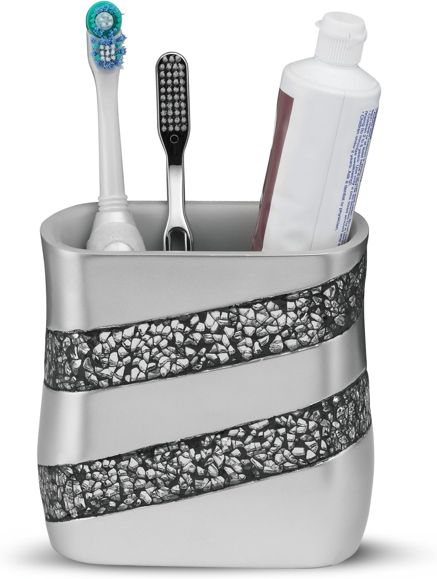 Creative Scents Silver Mosaic Toothbrush And Toothpaste Holder For Bathroom - Decorative Bathroom Toothbrush Holder, Family Toothbrush Cup With One Large Opening To Hold Multiple Toothbrushes At Once