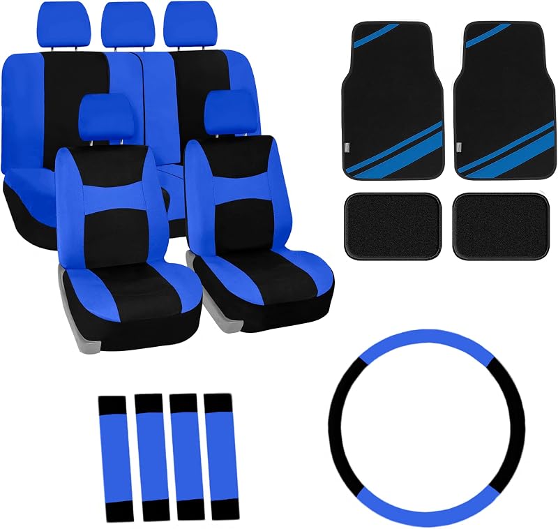 FH Group Car Seat Covers Light Breezy Cloth Blue Car Seat Cover Combo Set with Luxe Carpet Floor Mats Steering Wheel Cover and More Interior Accessories Universal Fit for Cars Trucks and SUVs