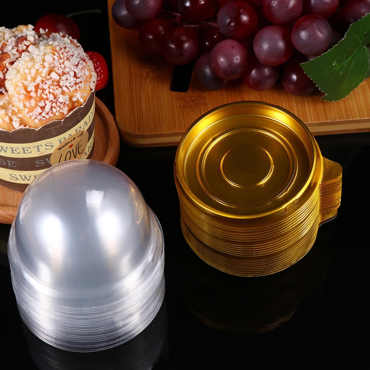 jojofuny 100pcs round Plastic Cake Packing Cases Compact Dessert Boxes for Mousse Macaron Small Bakery Containers with Gold and Black Tray Sets for Baking Supplies and Party Use image 4