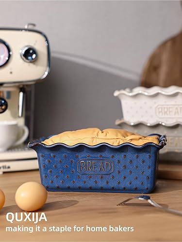 Miniatura 5 de Molde de cerámica para hornear pan, 9 x 5 pulgadas, sartenes antiadherentes para cocinar, microondas y lavavajillas, molde rectangular (azul vintage)