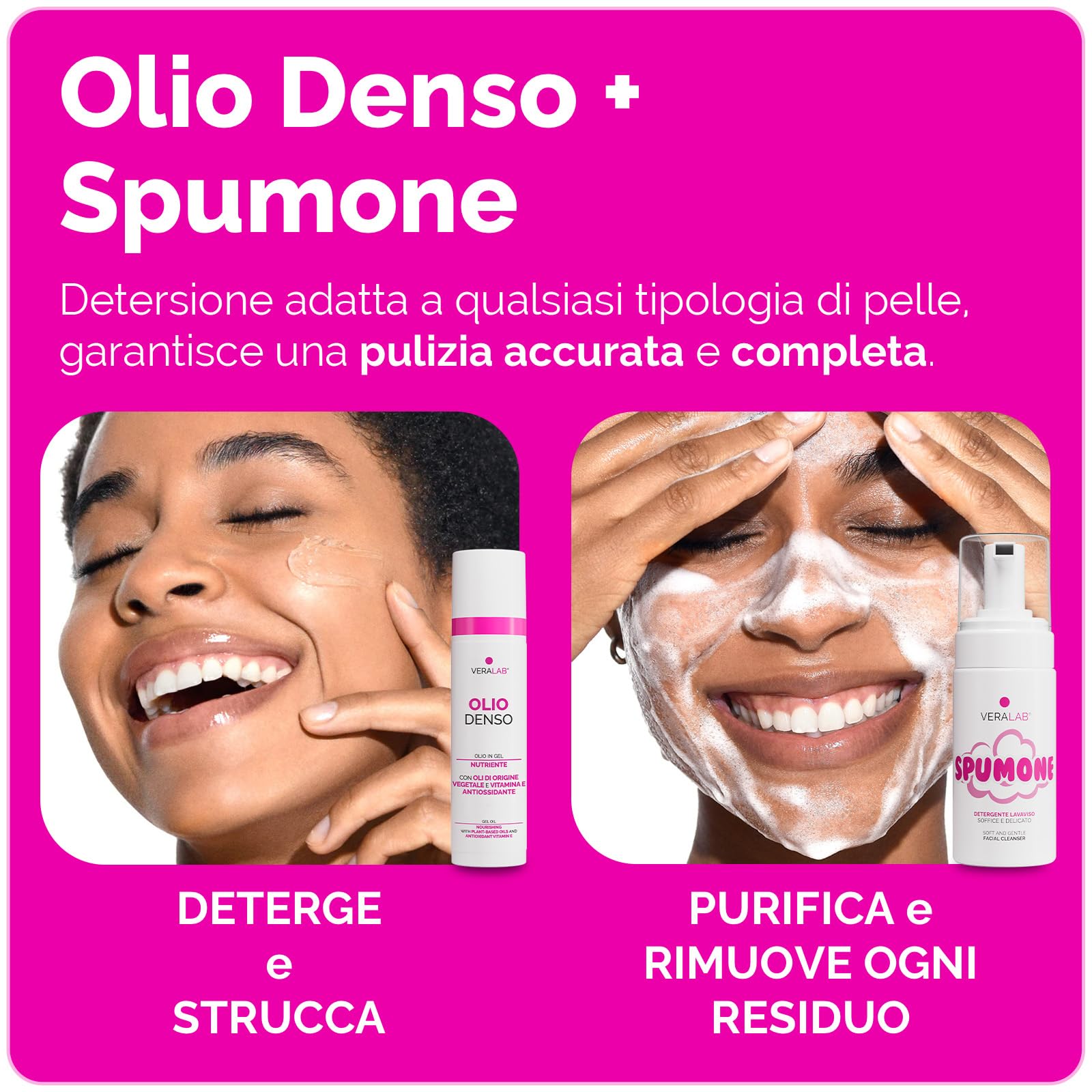Veralab Kit Doppia Detersione, Olio Denso 80ml + Spumone 100ml + Panno in Microfibra per Detersione e Microesfoliazione, Travel-Friendly
