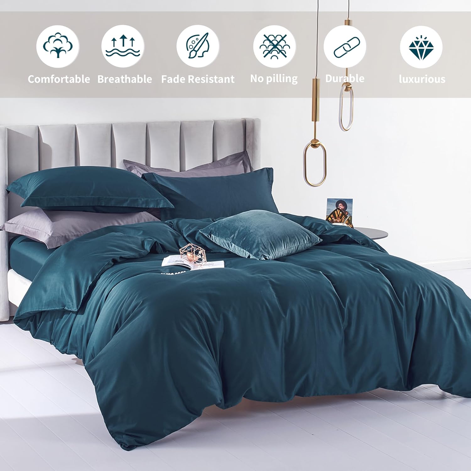 MILDLY 100% Long-Staple Cotton Duvet Cover Peacock Blue Morden Sateen Weave Luxury Comforter Cover Set King Size with Zipper Closure & Corner Tie (No Comforter) - Image 2